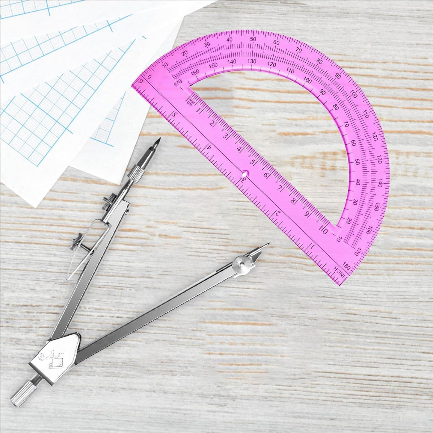 Students Geometry Math Set, Drawing Compass and 6 Inch Transparent Swing arm Protractor 180 Degree Math Protractor (Pink)