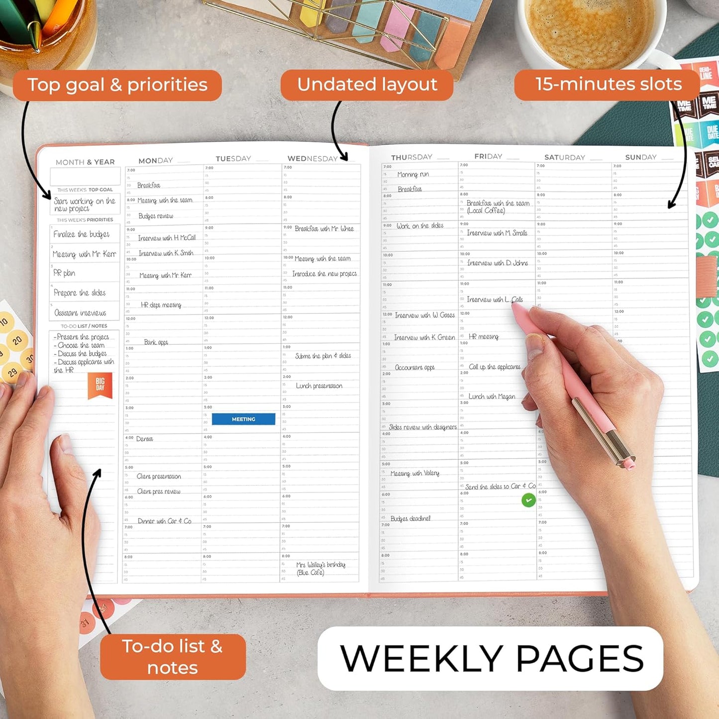 Clever Fox Appointment Book – Hourly Schedule Planner with 15-Minute Increments – Time Box Planner for Daily Work & To-Dos – Weekly & Monthly Spreads, Undated, Hardcover, 8.3x11″ (Terracotta)