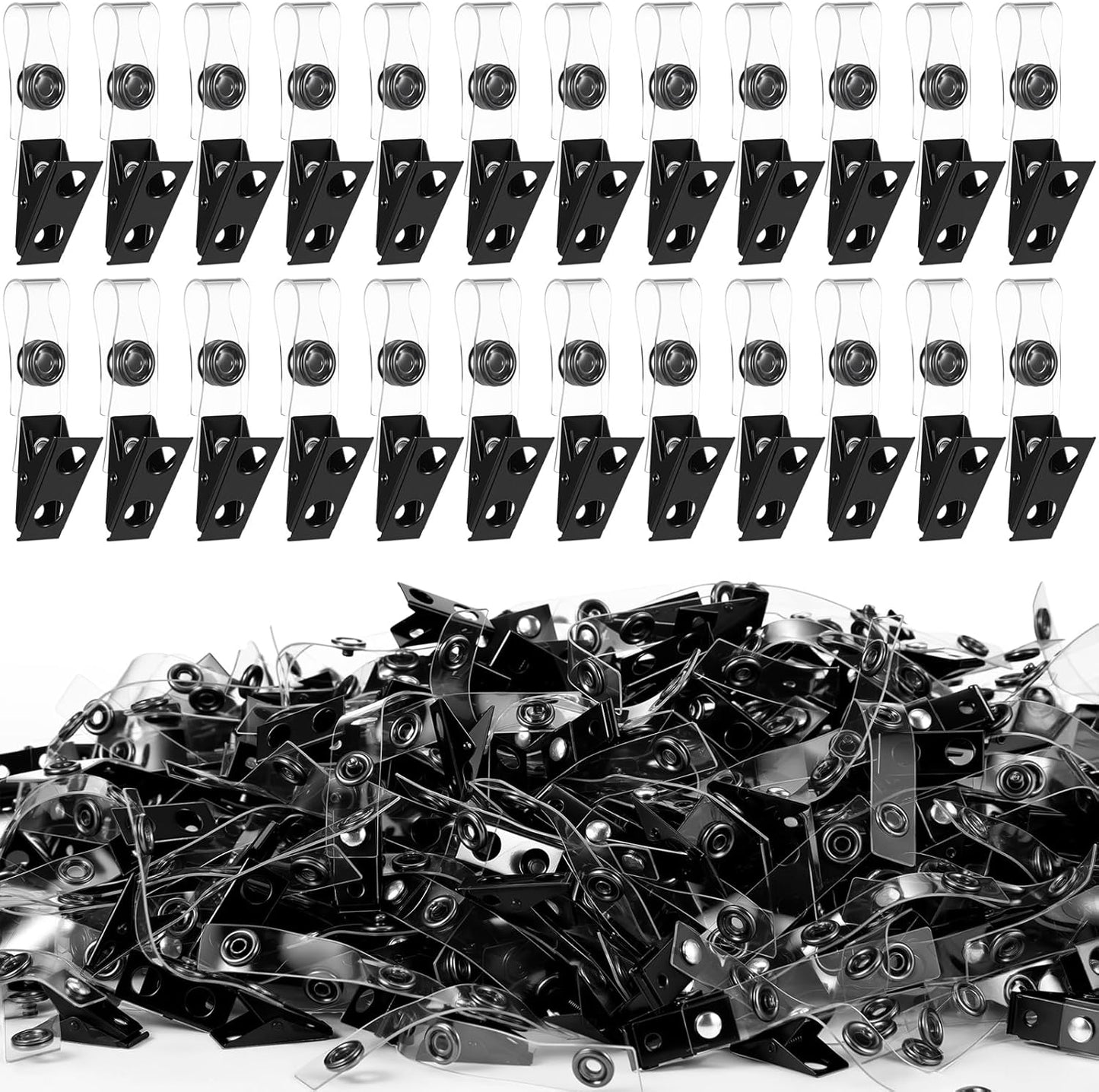Marspark 200 Pack Metal Badge Clips with Clear PVC Straps Double Hole ID Badge Clips for Name Tag ID Cards and Holders, Office Supplies (Black)