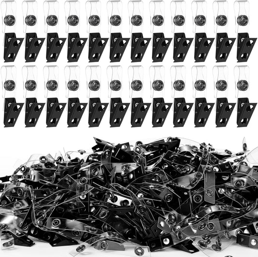 Marspark 200 Pack Metal Badge Clips with Clear PVC Straps Double Hole ID Badge Clips for Name Tag ID Cards and Holders, Office Supplies (Black)