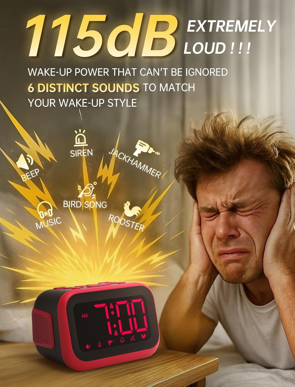 Loud Alarm Clock for Heavy Sleepers: 115dB Dual Alarms with 6 Unique Sounds for Bedroom Dorm Room Use - On-Time Wake Up for Teen College Students - Red