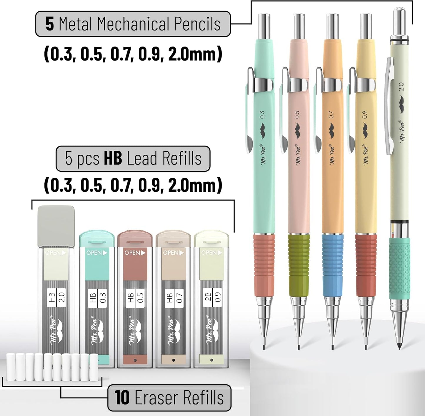 Mr. Pen- Mechanical Pencil Set, 5 Sizes, 0.3, 0.5, 0.7, 0.9, 2mm, Anti Skidding Grip Cute Mechanical Pencils, Sketching Pencils, Aesthetic Mechanical Pencils, Pastel Mechanical Pencils