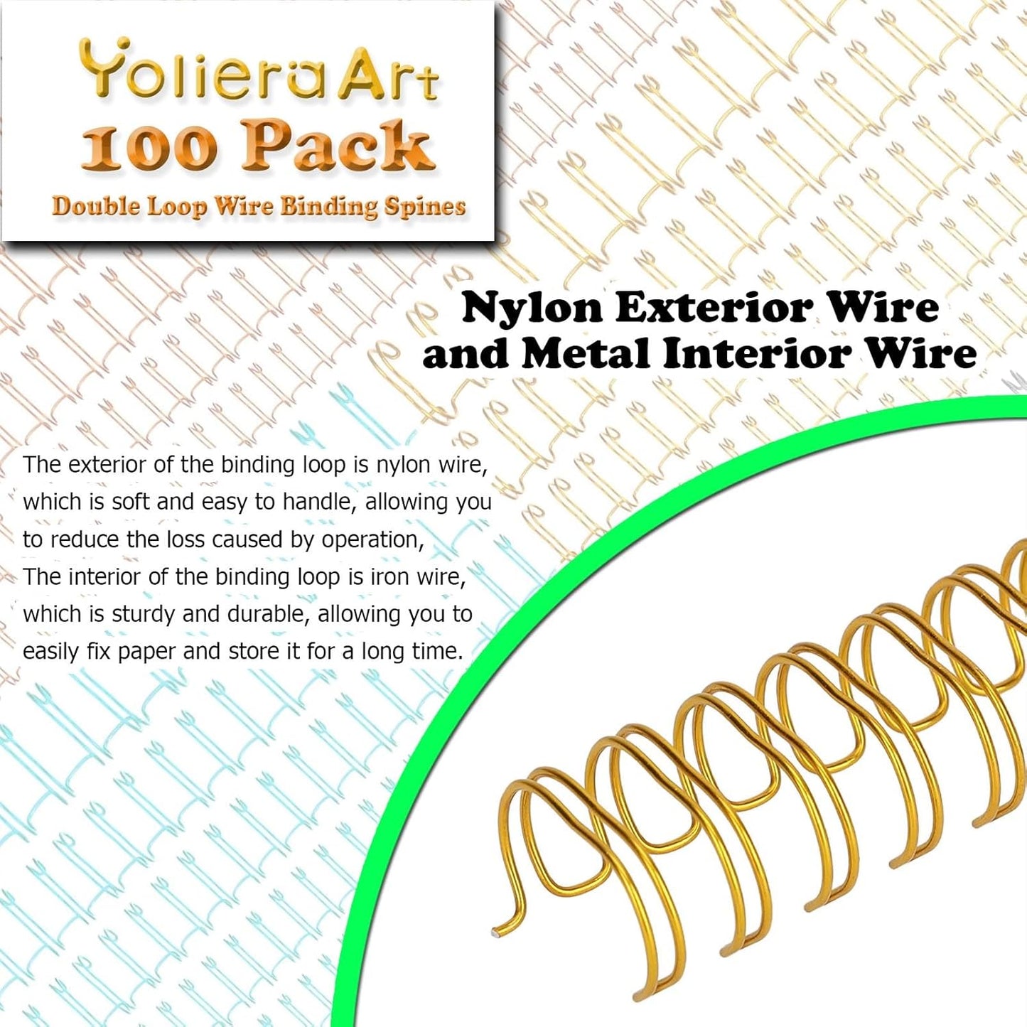 100 Pack Metal Twin Loop Binding Wire Coils, 34-Loop, 3/4" Cinch Book Binding Wire, 3:1 Pitch, YolieraArt Double Loop Bindings180 Sheet Capacity Fit for School Office Notebook Maker Gold