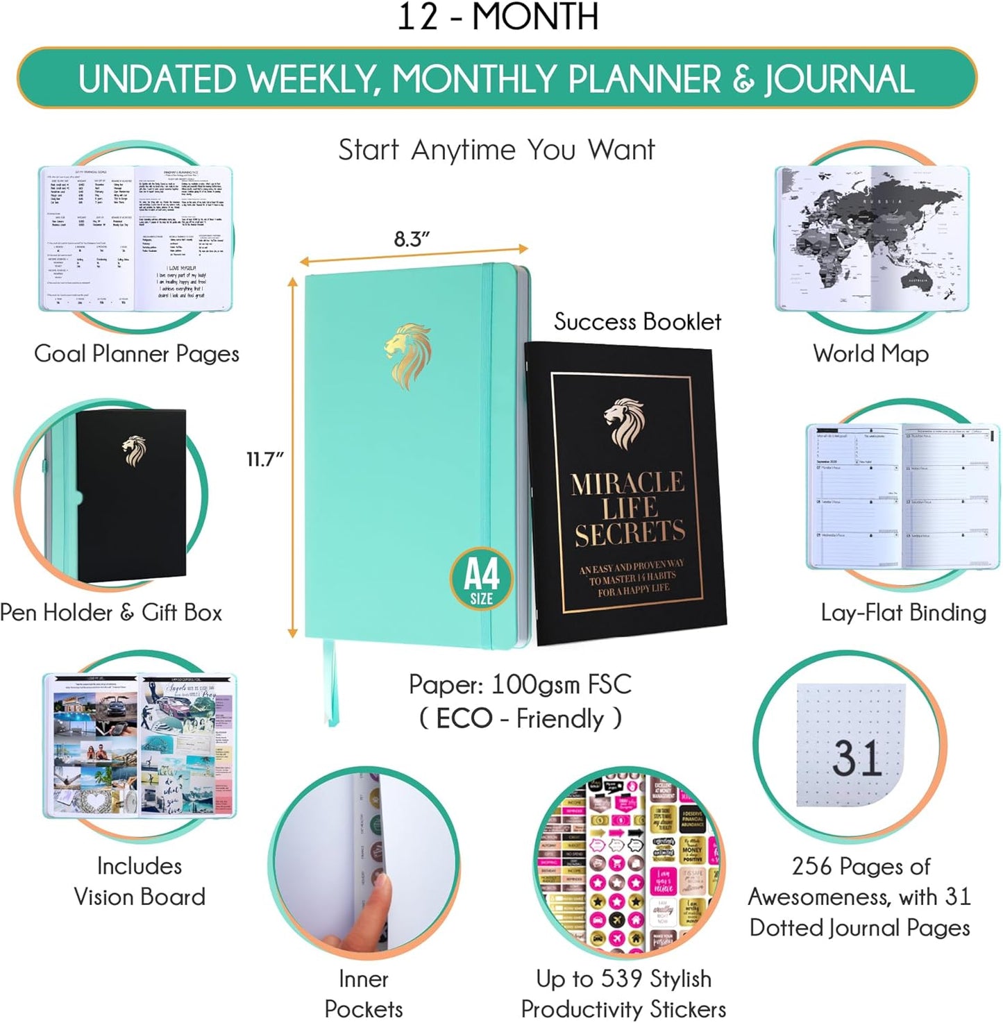 Life Planner - Undated Daily, Weekly & Monthly Planner with Budget Section | A 12 Month Journey to Increase Productivity & Happiness | Life Organizer & Gratitude Journal - Horizontal Format