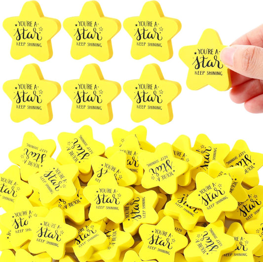Spakon 50 Pcs Inspirational Star Erasers for Kids Bulk Cute Back to School Erasers 1.57" Fun Eraser for Classroom Prize You're A Star Yellow Motivational Gift for School Student Rewards