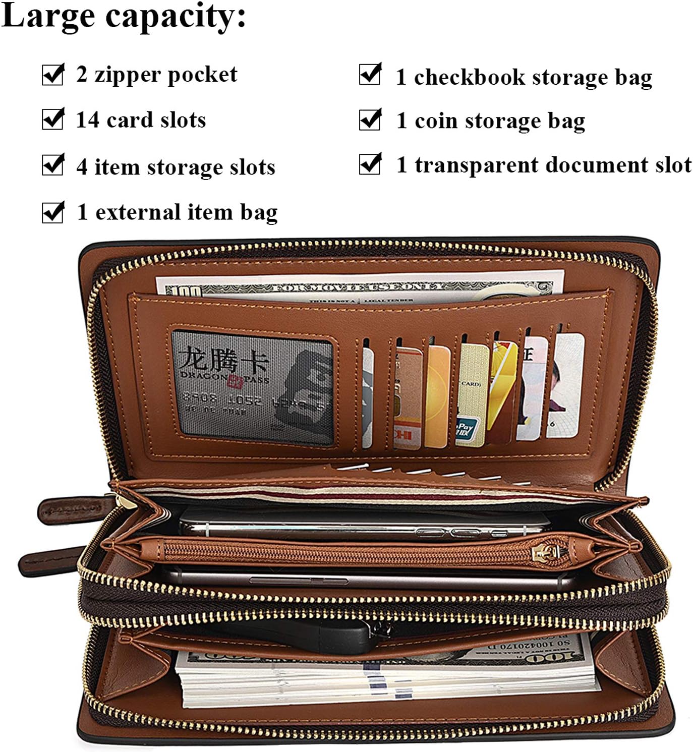 Leather Men Clutch Bag Long Wallet Purse Card Holder Case Business Large Clutch with Double Zip Handbag