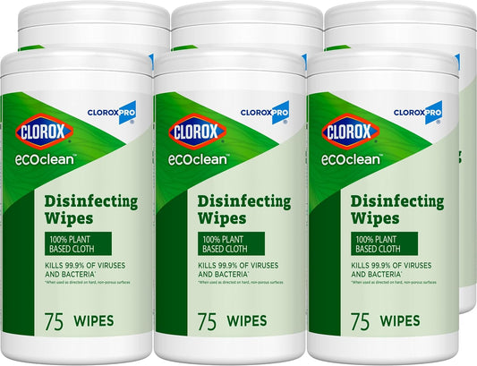 CloroxPro Clorox EcoClean Disinfecting Wipes, Multipurpose 100% Plant Based Cleaning Cloths, Antibacterial Disinfectant, Safe for Multi Surface Use, 75 Count (Pack of 6)