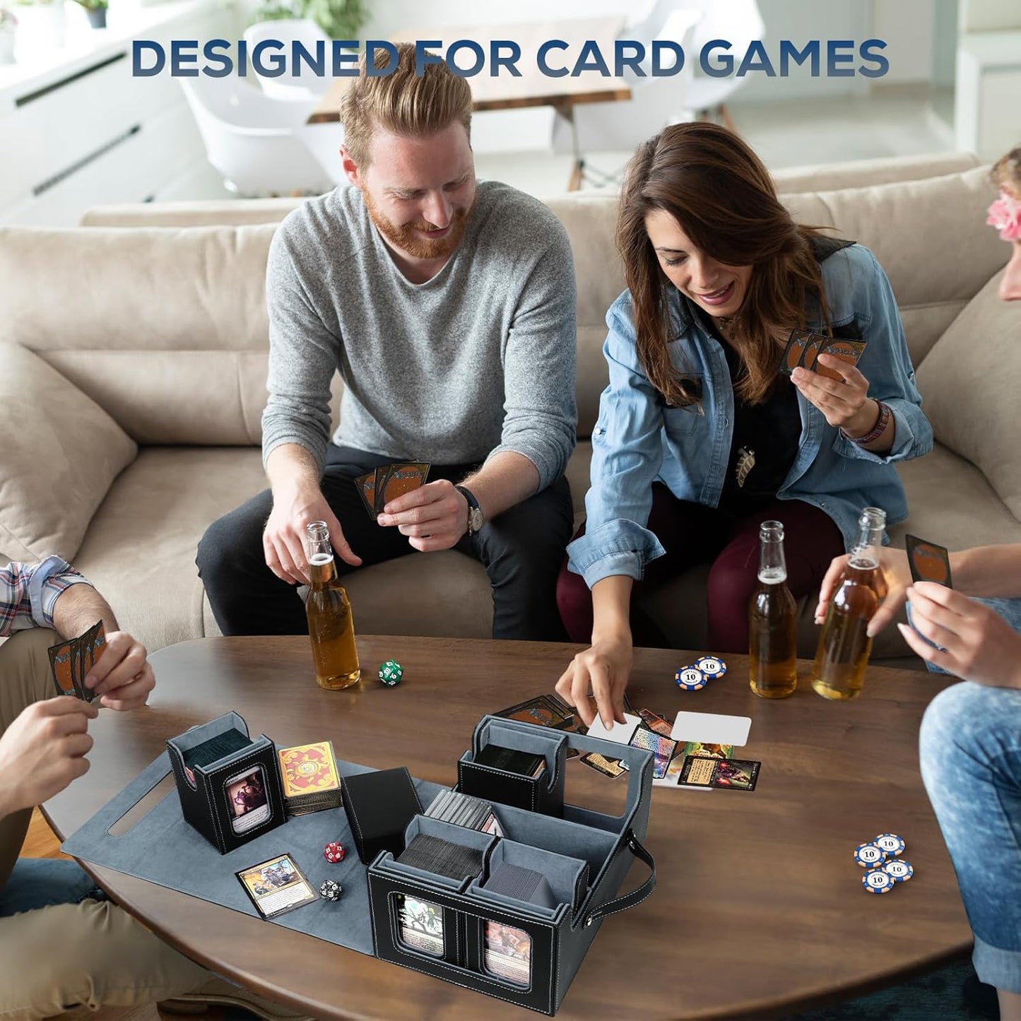 Trading Card Storage Box for MTG, card storage box with Commander Display，Multi-purpose Deck Case for MTG TCG Sports Card, 4 Toploaders, 4 Stoppers, 4 Colorful Dividers (Black & Grey)