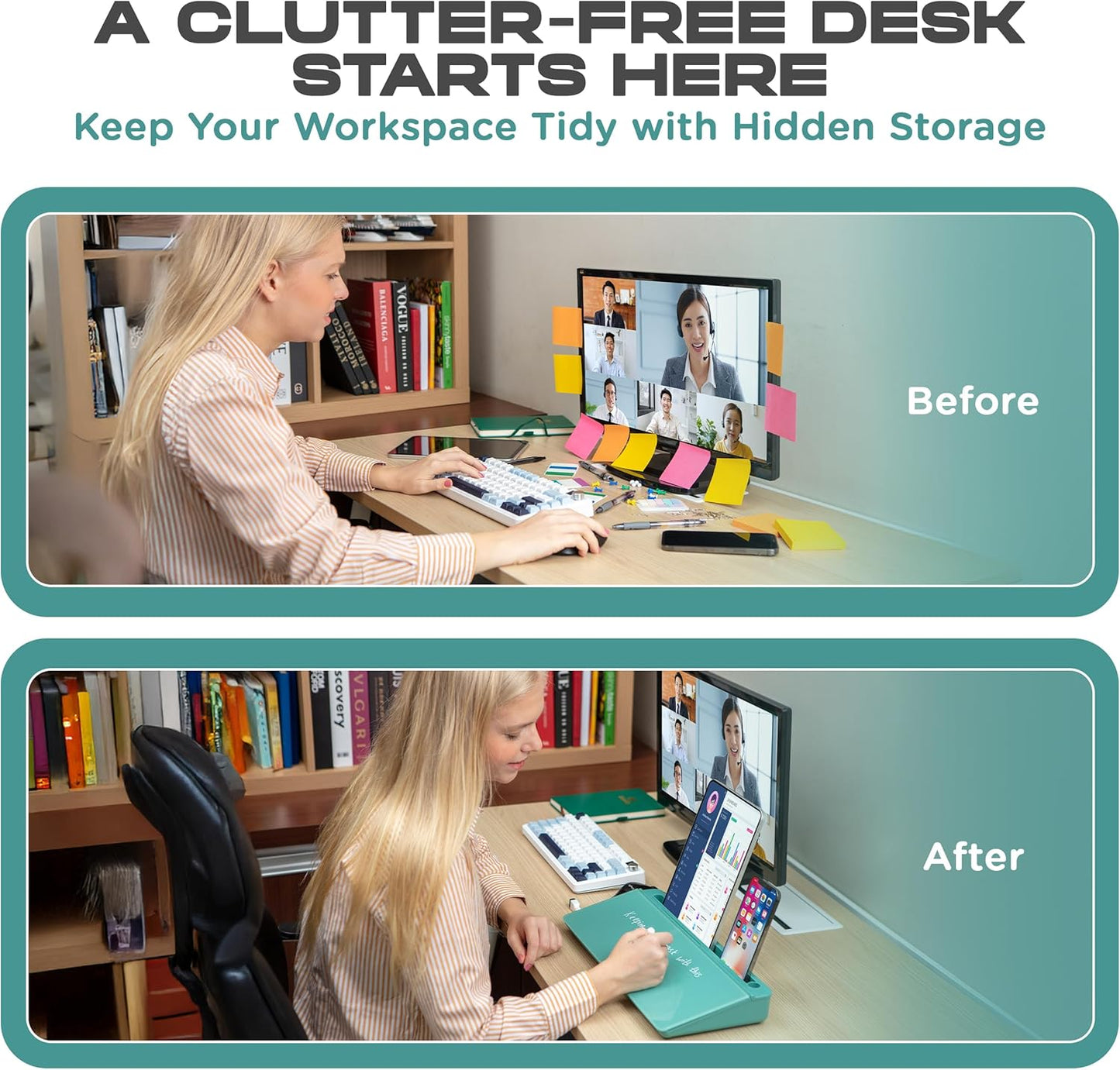 Glass Desktop Whiteboard for Quick Notes & Reminder – Desk Storage with Drawer – Compact Desk Organizer Whiteboard – Small Dry Erase Board - Desktop Accessories for Home Office (Turquoise)