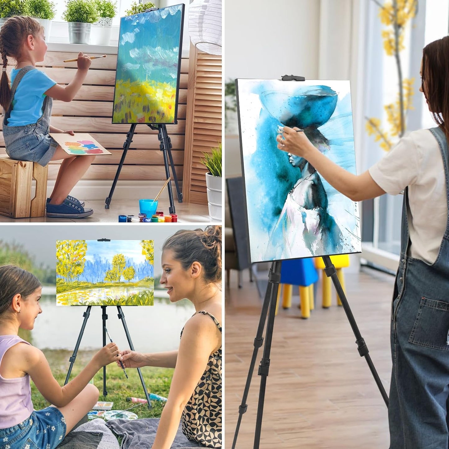 1PCS Art Painting Easel Stand, Adjustable Metal Large Easel for Painting, Canvas Heights from 17 to 66 Inch, Standing Easel for Painting, Wedding Sign, Tabletop or Floor, Black