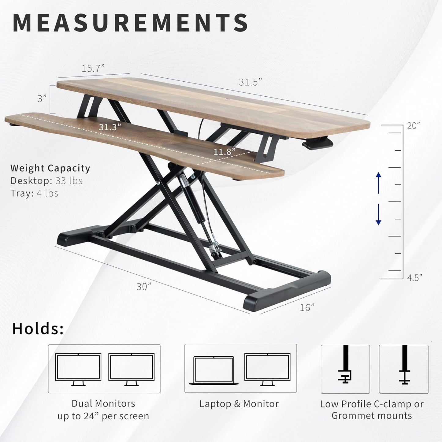 VIVO 32 inch Desk Converter, K Series, Height Adjustable Sit to Stand Riser, Dual Monitor and Laptop Workstation with Wide Keyboard Tray, Reclaimed Wood Top, Black Frame, DESK-V000KP
