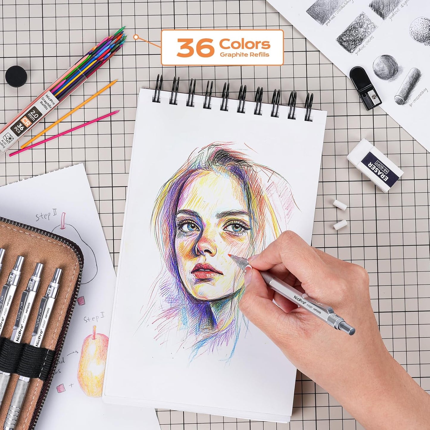 Nicpro 20PCS Metal Mechanical Pencil Set in Leather Case, Art Drafting Pencil 0.3, 0.5, 0.7, 0.9 mm & 2mm Lead Holders, 9 Tube (4B 2B HB 2H Colors) Lead Refills, Erasers For Sketching Drawing