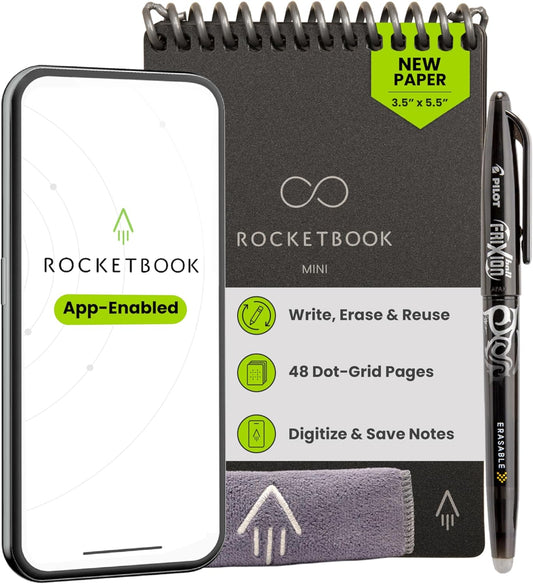 Rocketbook New Mini Reusable Smart Notepad, Pocket Size Notebook 3.5x5.5, Black - Dotted Pages, App-Connected, Erasable, Ideal for On-The-Go List Taking & Quick Notes Anywhere