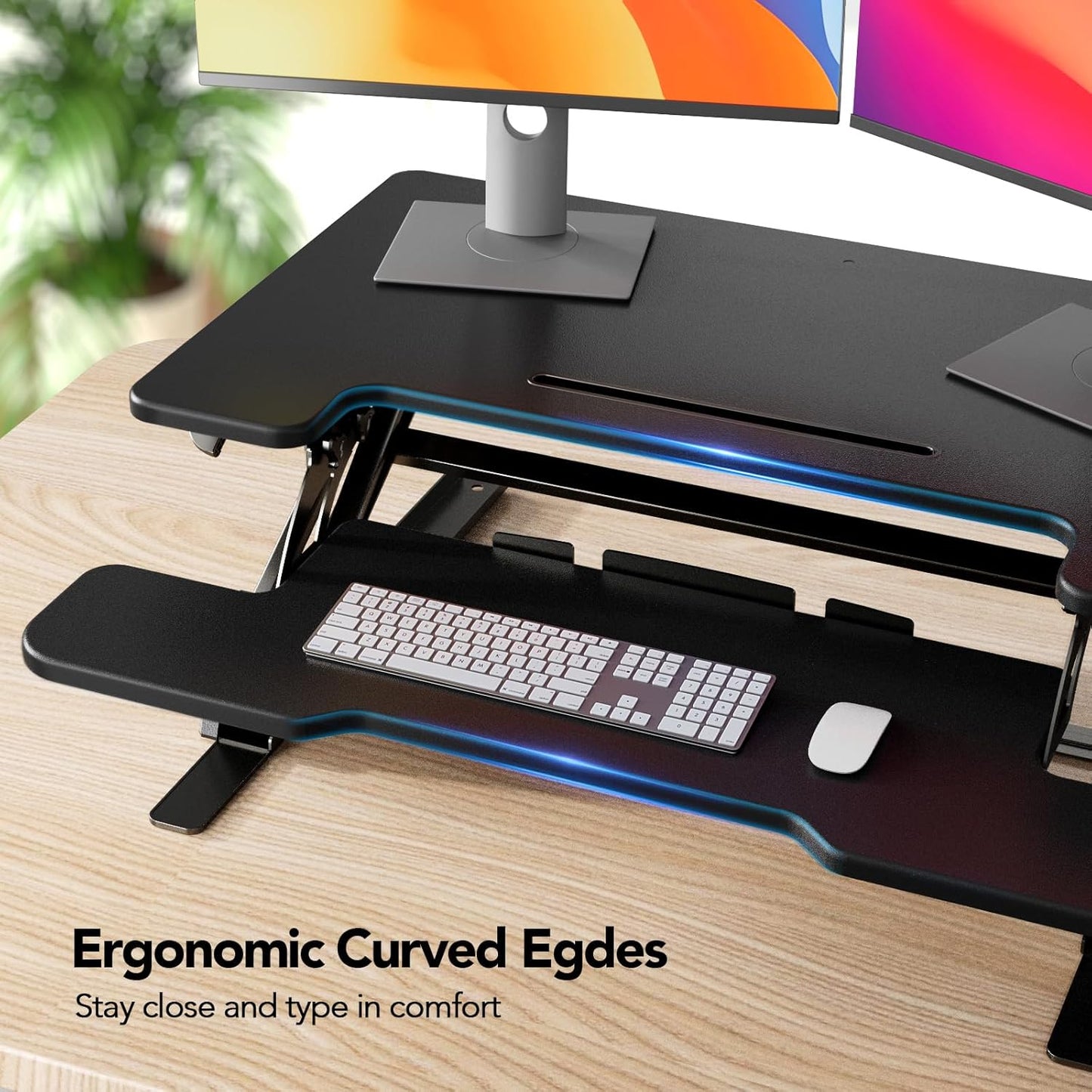 HUANUO 36" Z Shaped Stable Electric Standing Desk Converter, Height Adjustable Sit Stand Up Desk Riser, Dual Monitor and Laptop Workstation with Wide Keyboard Tray, Desk Lifter for Home Office