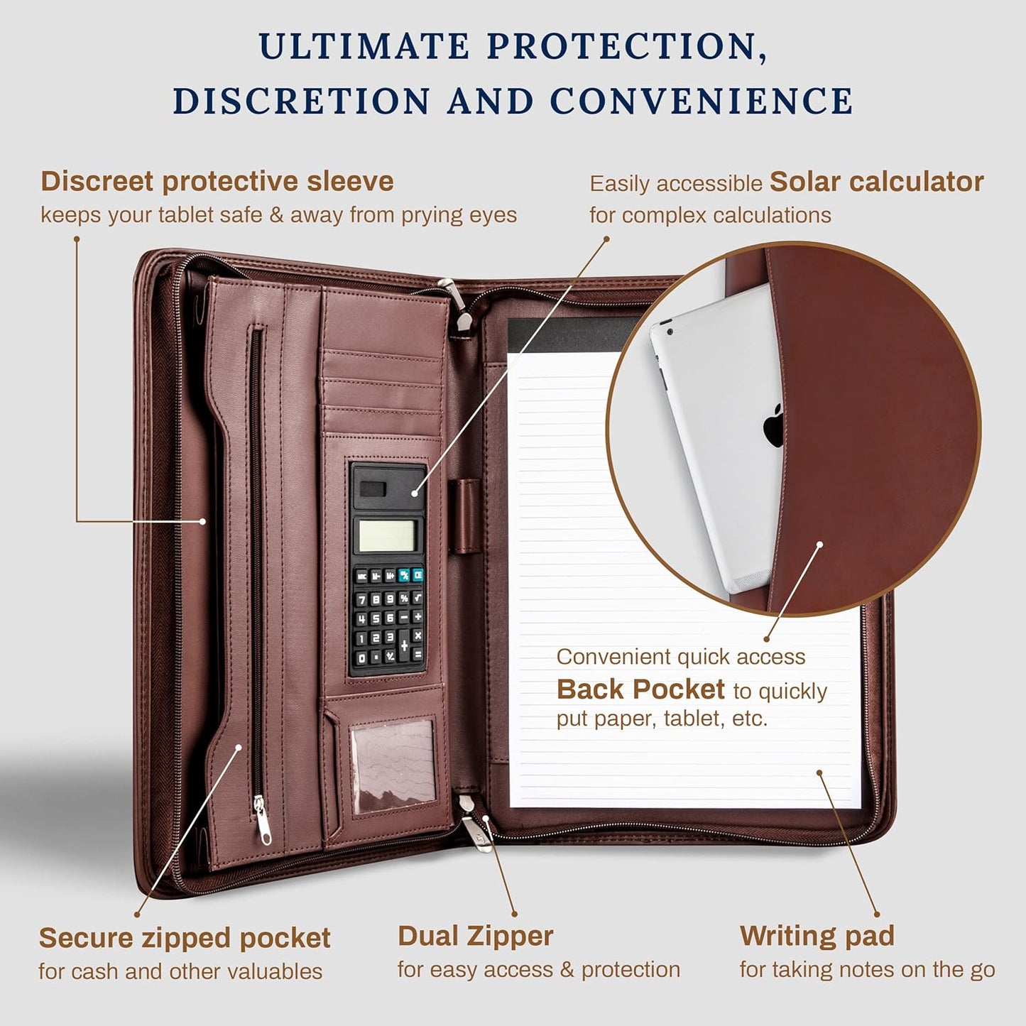 Cossini Premium Business Portfolio with Zipper – Padfolio - Superior Business Impressions Begin with PU Vegan Leather, 10.1 Inch Tablet Sleeve, Smart Storage, Solar Calculator, Writing Pad -Brown