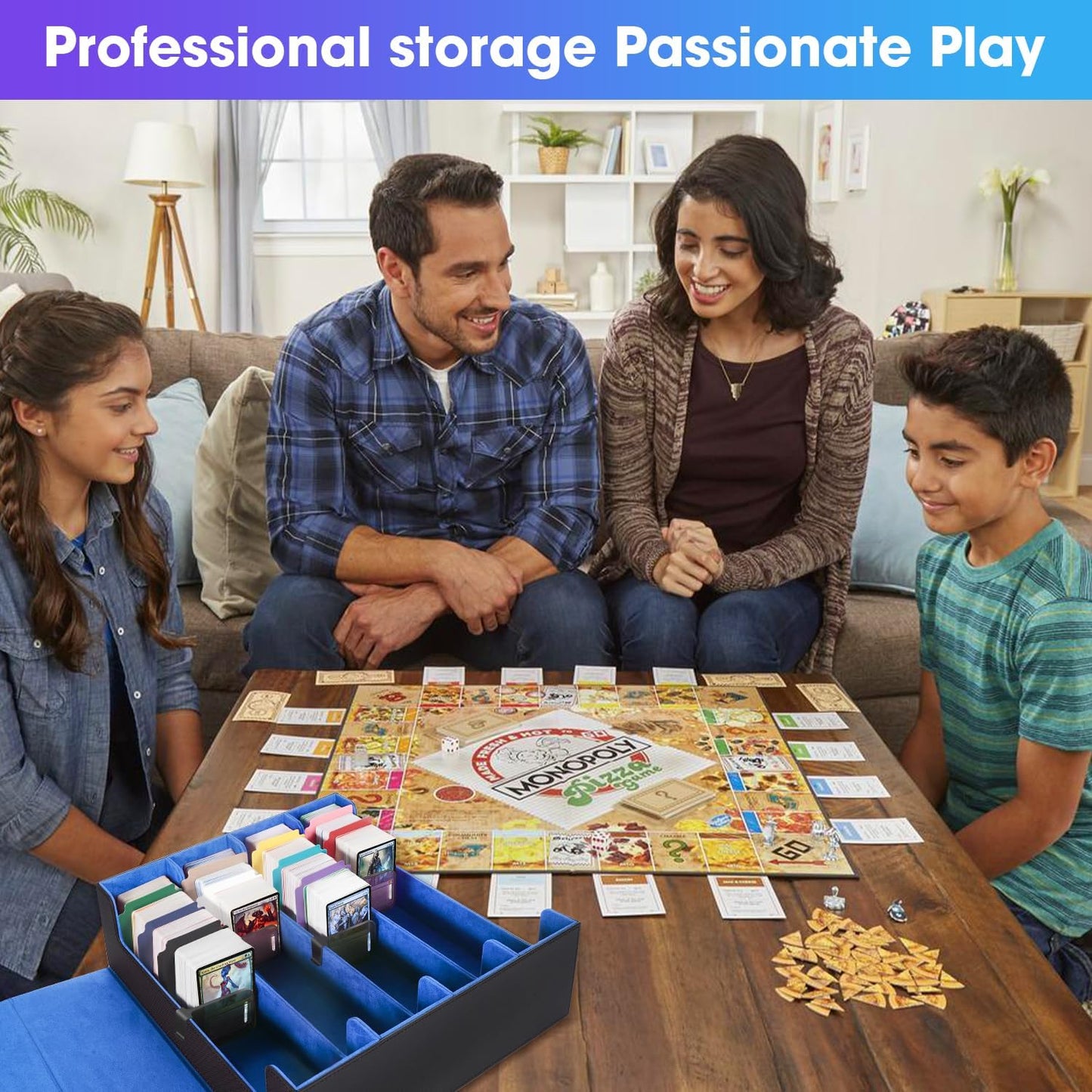 Card Organizer Box, 3000+Trading Card Storage Box, PU Leather Card Organizer Box With 24 Dividers, Magnetic Closure, 4 Supporters, Card Holder Box For Game Sports Card,Blue