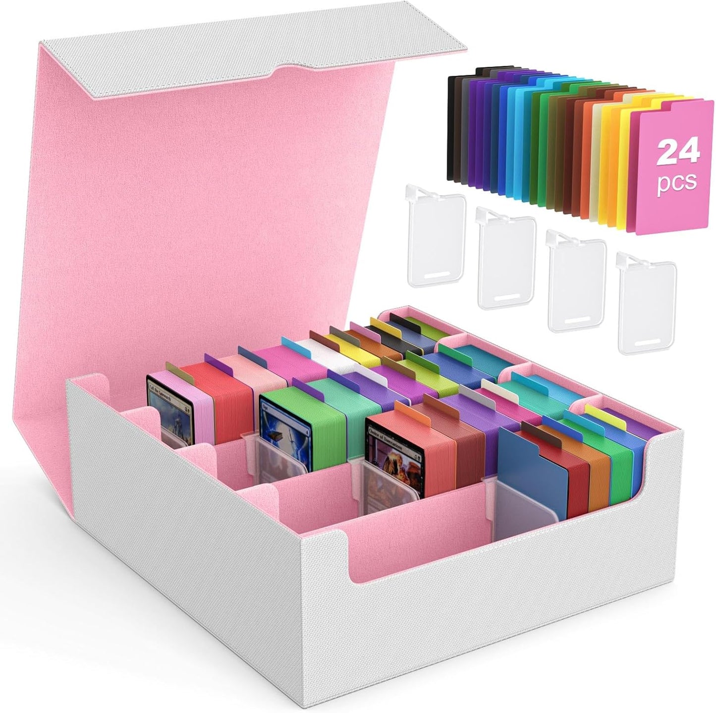 MoKo Trading Card Storage Box, 3000+ MTG Deck Box with 24 Colorful Dividers & 4 Card Supporters, Commander Card Deck Case Fits for Magic Game Cards, YugiOh, TCG, PTG and Sport Cards, White+Pink