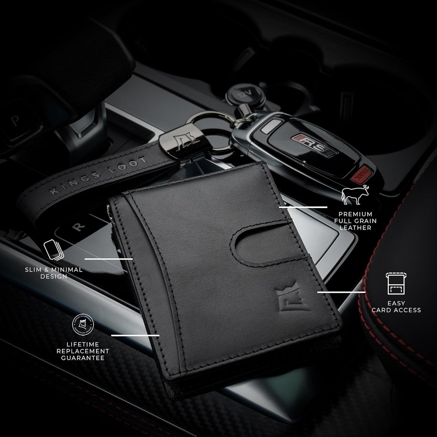 Kings Loot Money Clip Slim Minimalist Wallet for Men – RFID Blocking Leather Design with Money Clip – Front Pocket Bifold Holds 12 Cards – Stylish & Compact Wallets (Black/Premium Engraved)