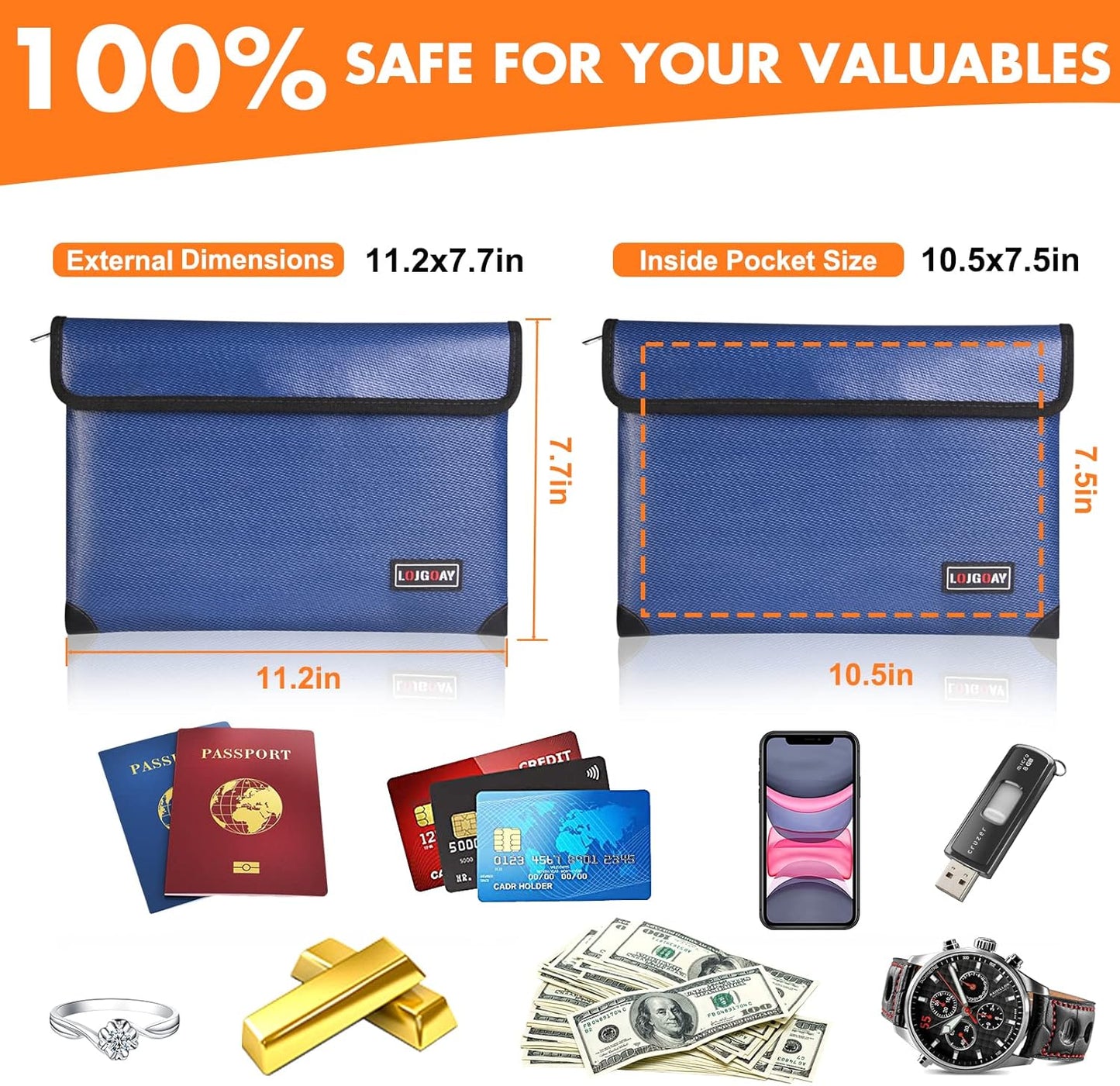 Fireproof Document Bag - with 5200°F Heat Insulated, Waterproof Fireproof Bag with Zipper, 8 Layers of Functional Materials, Fireproof Money Bag for Cash/Documents/Valuables, Fire bag 11"x7.7"