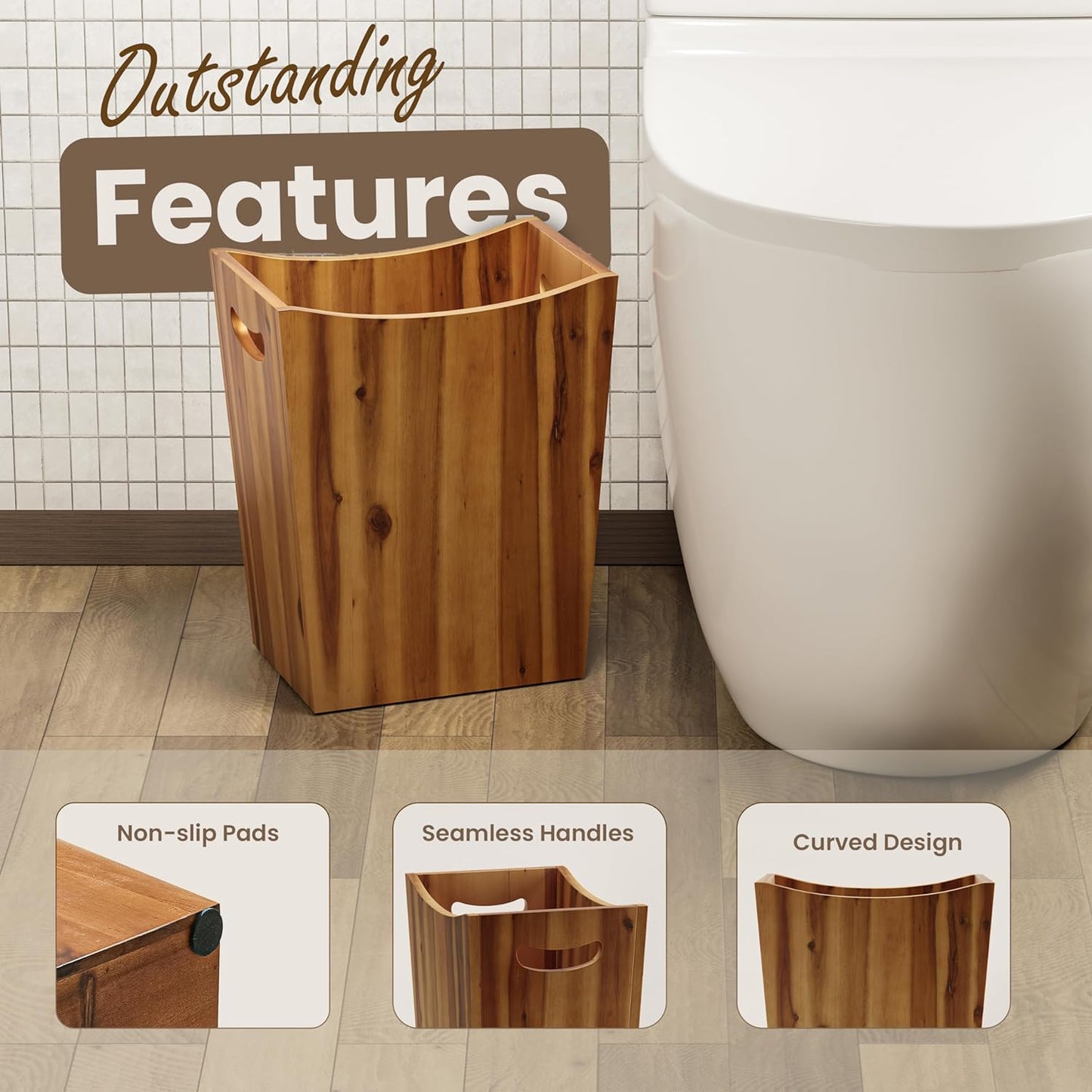 2 Gallon Acacia Wooden Bin, Wastebasket – Small Trash Can, Decorative Bathroom Trash Can, Waste Basket for Bedroom, Office Garbage Can, Wood Bathroom Accessories, Boho Bedroom Decor