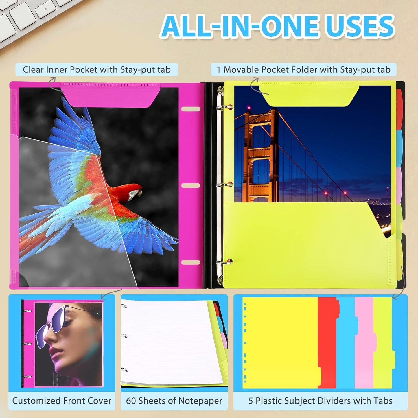 WOT I 2-Pack Telescoping 3 Ring Binder Notebooks - Customizable Cover, 5 Dividers & Pocket Folder in One Slim Organizer (60 Sheets Included), Pink