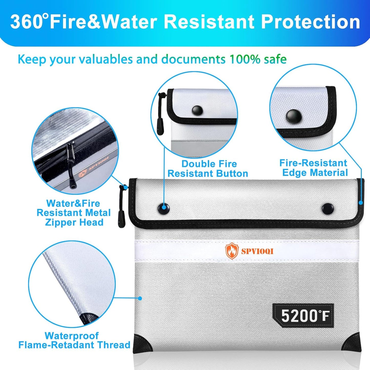 Upgraded 5200°F Fireproof Document Bag with Heat Insulated, Water Fire Proof Bag with Zipper,8 Layers of Functional Materials and Reflective Strip, Fireproof Money Bag for Cash/Documents/Valuables