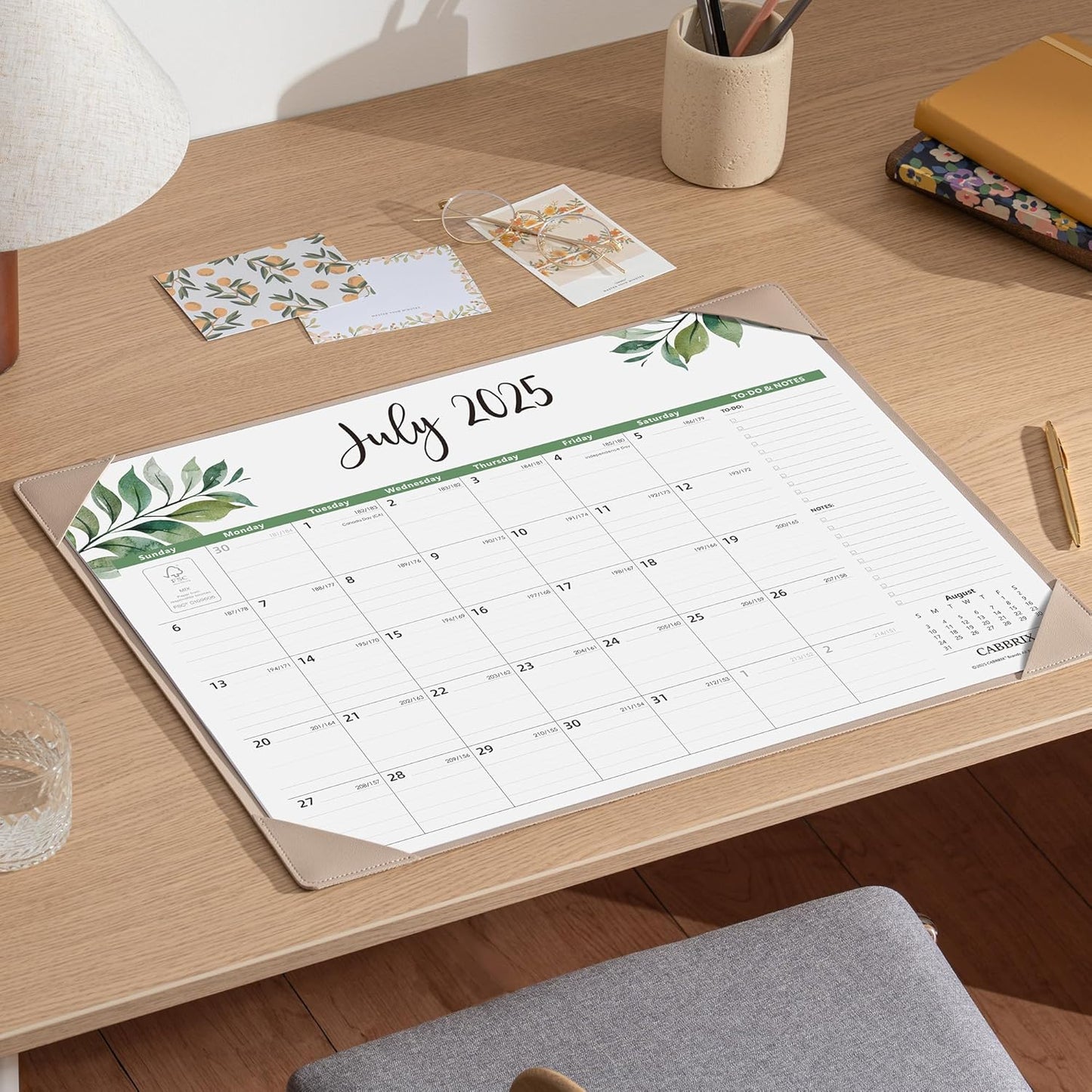 Large Desk Calendar 2025-2026 with Desktop Mat, Cabbrix Desk Pad Calendar 22 x 17 Inch Runs From July 2025 to December 2026 for Home Office and School, Leaf