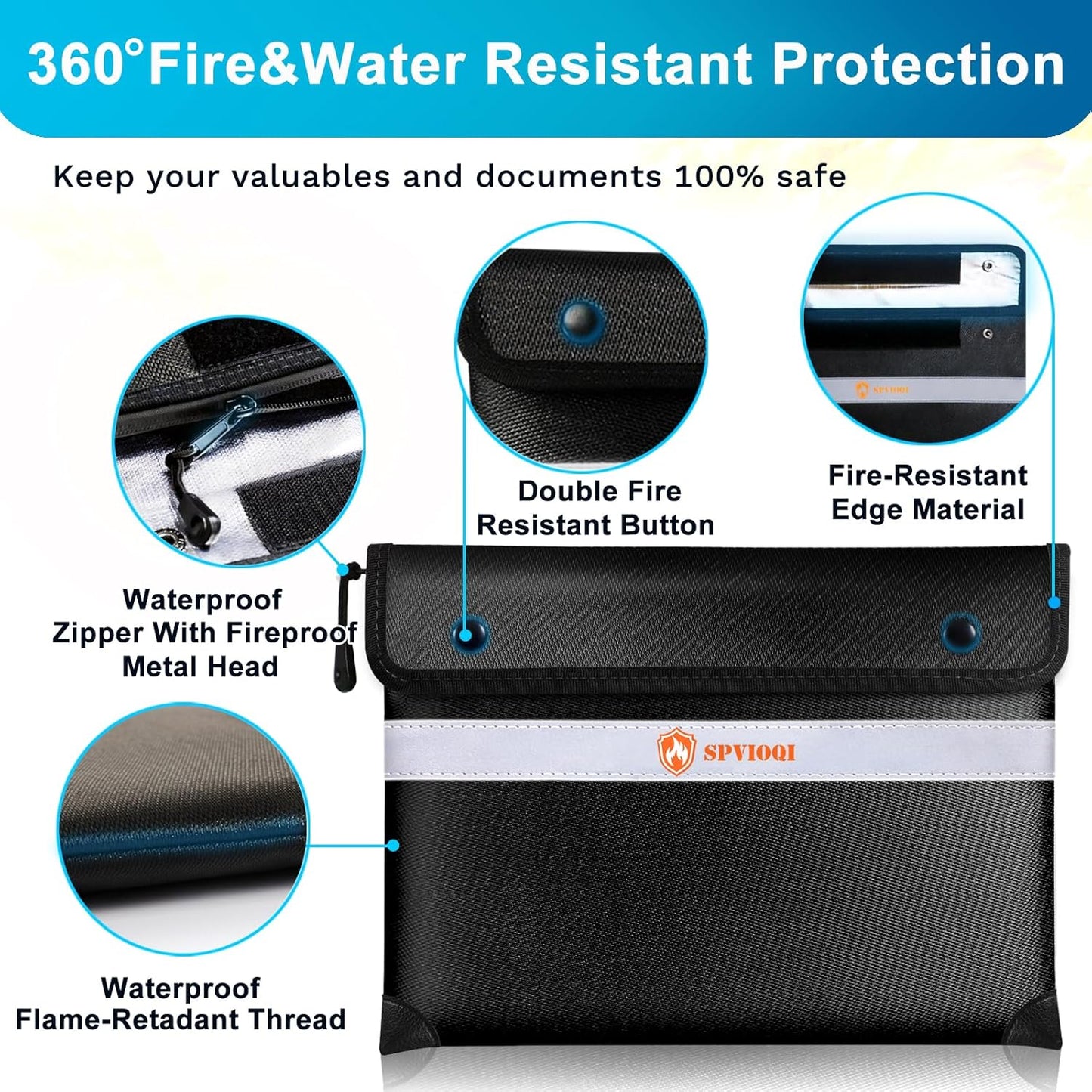 Upgraded 5200°F Fireproof Document Bag - Heat Insulated, Fireproof Bag with Zipper, Reflective Strip for Fast Find, Water Resistant, Firep roof Money Bags for Cash, A5 Important Documents and Valuable