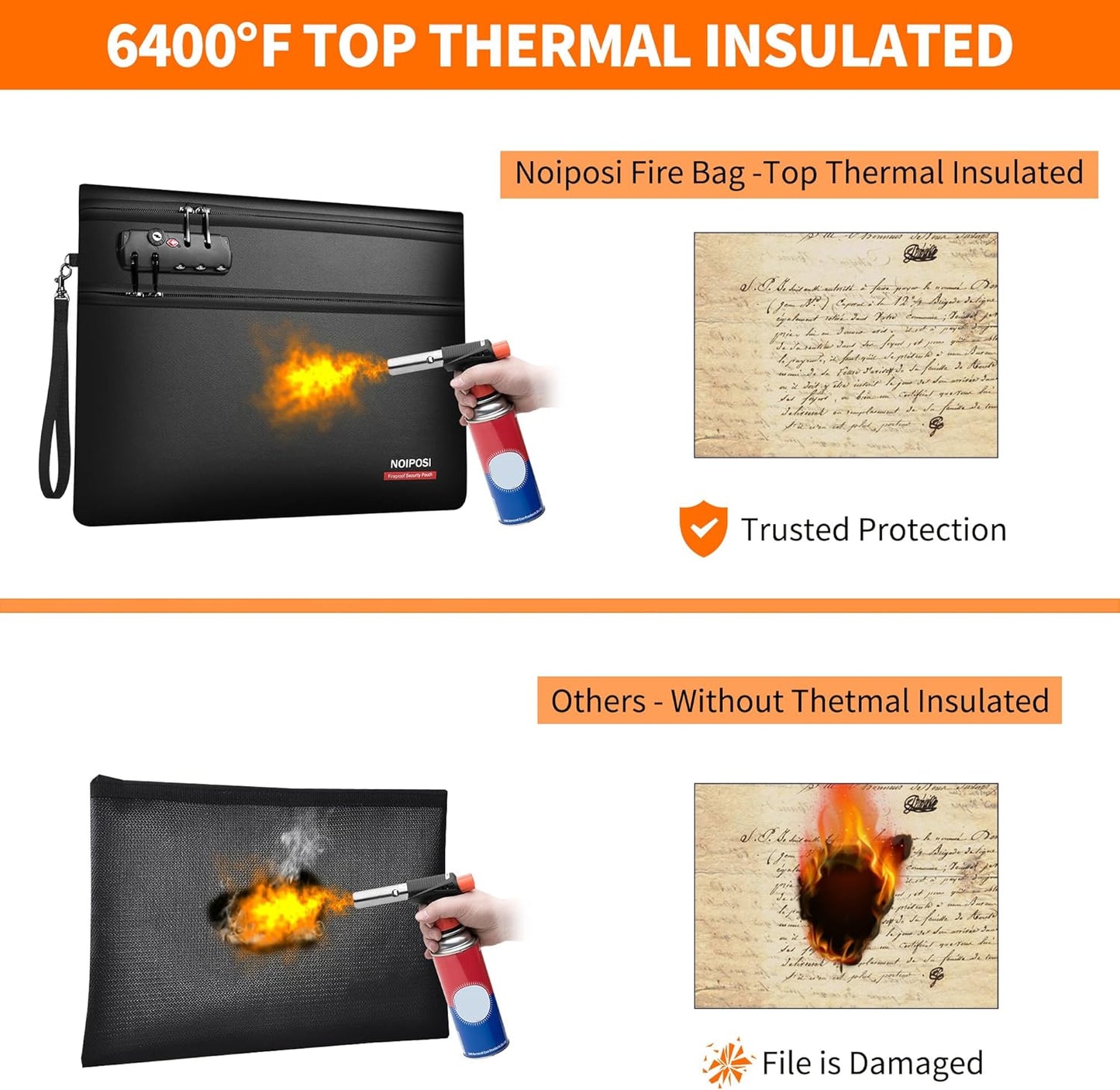 Noiposi 6400℉ Fireproof Document Bag with Lock,Dual-Zip Compartments Fireproof Money Bag for Cash and Documents,12 Layers Heat Insulated Fireproof Bag with Zipper,Protects Important Papers,Valuables