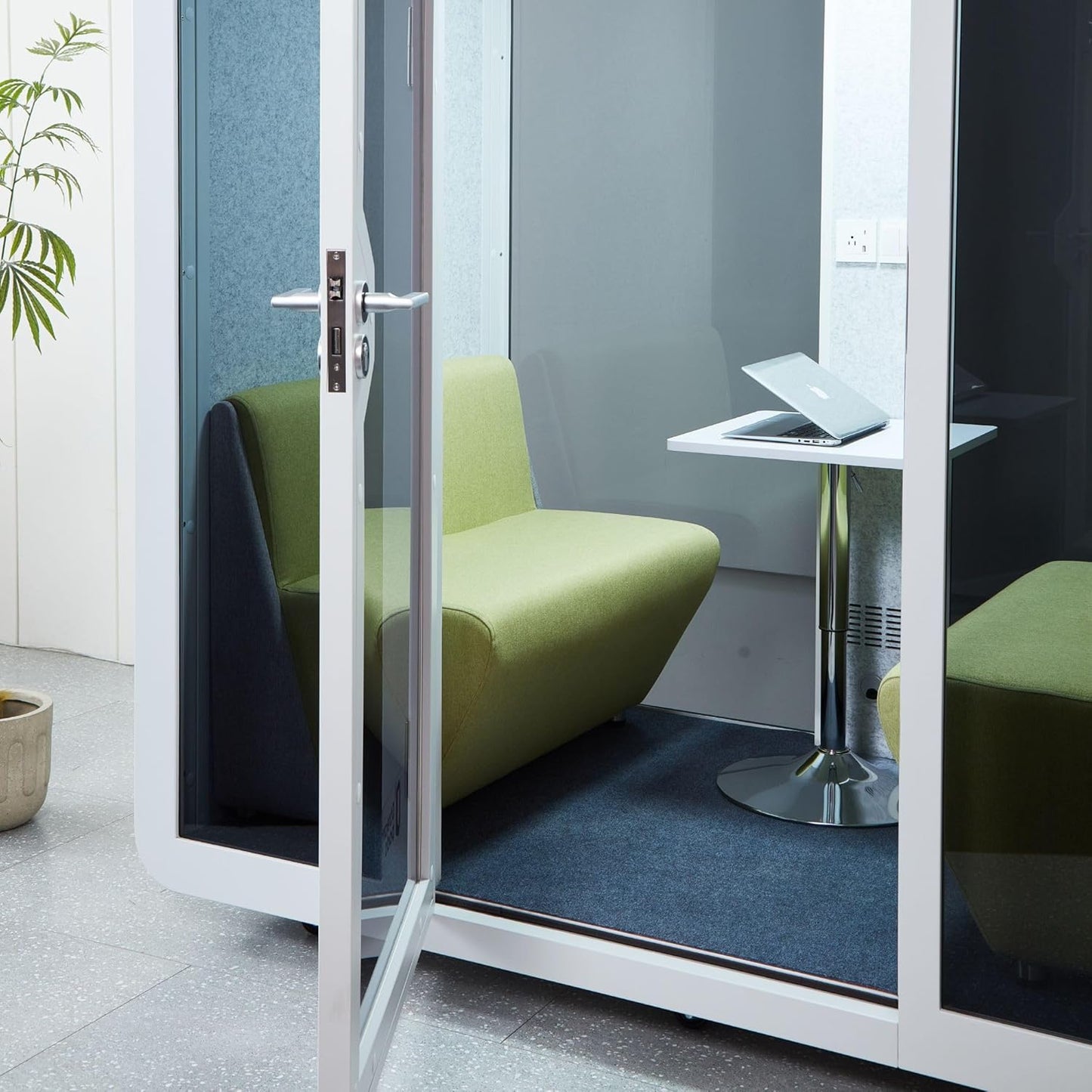 GEARONIC Mobile Office Pod Booth, Sound Proof Office Pod Booth with Mobile Roller, Larger Space for 2-4 People, LED Lighting System,Fans and AC USB Ports（White-Grey）