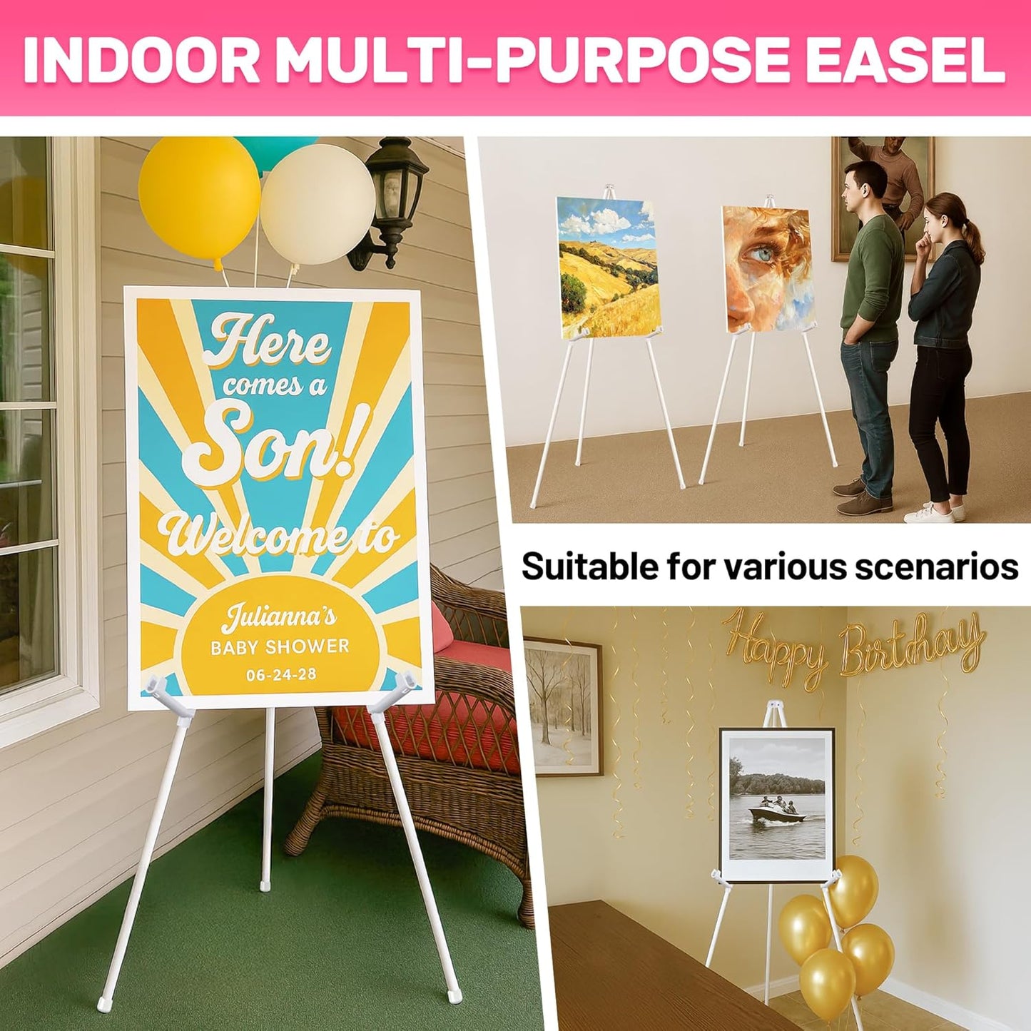 2 Pack White Easel Stand for Sign & Poster - 63" Adjustable Metal Easels for Wedding Welcome Sign, Painting, Canvas, Art Display - Portable Folding Tripod with Carry Bag, Holds 5 Lbs