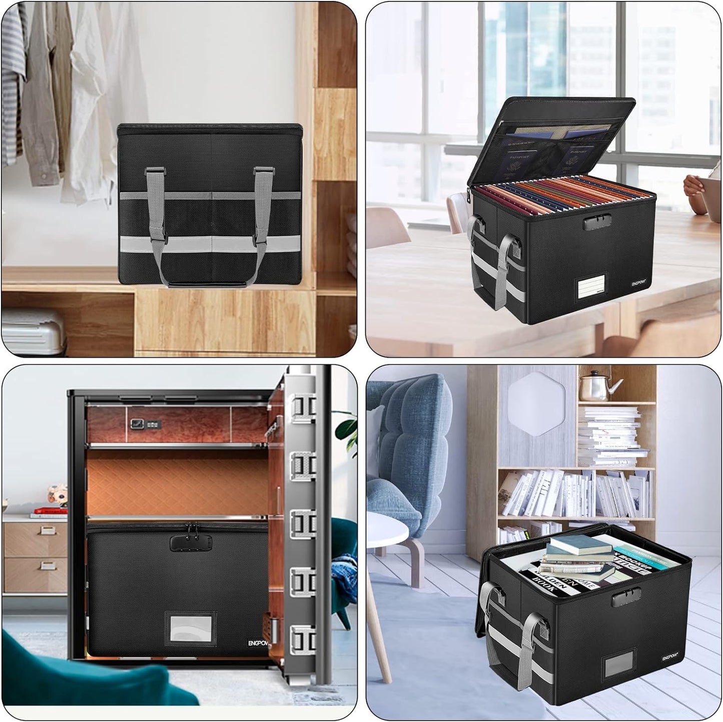 ENGPOW File Box with Lock, Fireproof Document Box with Pockets, Collapsible File Organizer Filing Storage Cabinet with Handle, Portable Home Office Safe for Hanging Letter/Legal Folders,Black,2 Pack