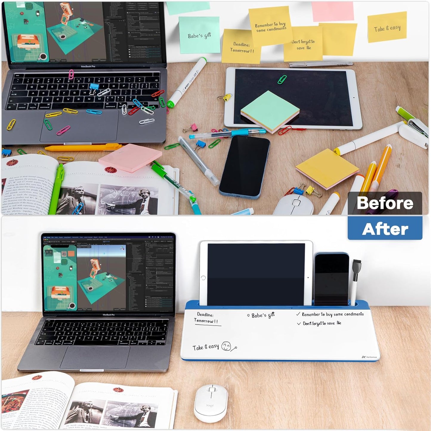 Varhomax Glass Desk Whiteboard with Storage, Desktop Organizer Dry Erase White Board to-do List Memo for Home Office and School Supplies (Blue)