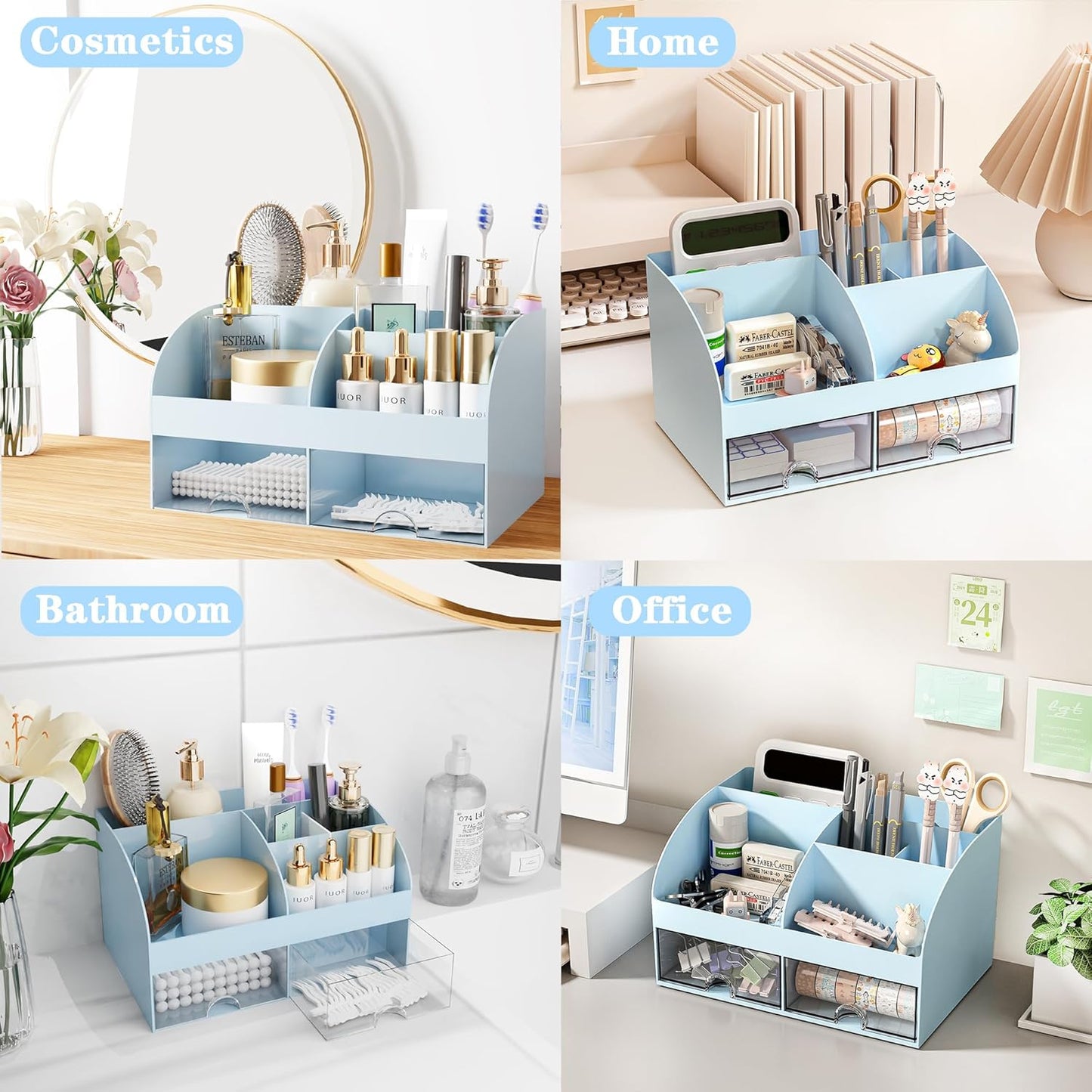 Desk Accessories with Pen Holder, Office Supplies Desk Organizers and Accessories, Tape Dispenser, Stapler, Staple Remover, Staples, Clips Set, Ruler, Scissor, Pen, Tape (Blue)