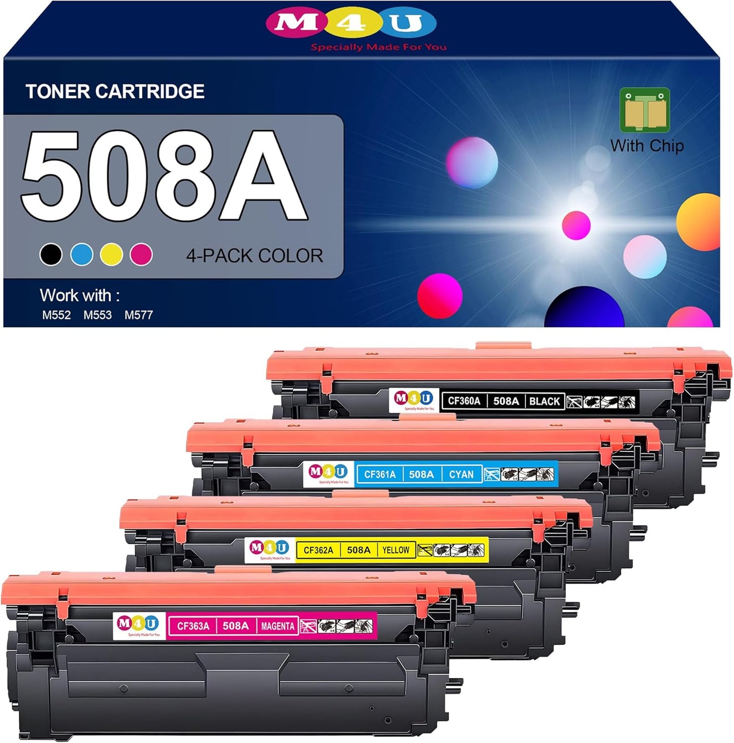 508A Remanufactured Toner Cartridges 4 Pack(with Chip) Compatible with 508A 508X for Enterprise M553 M552 553 MFP M577 Printer for 508A CF360A CF361A CF362A CF363A (Black Cyan Magenta Yellow)