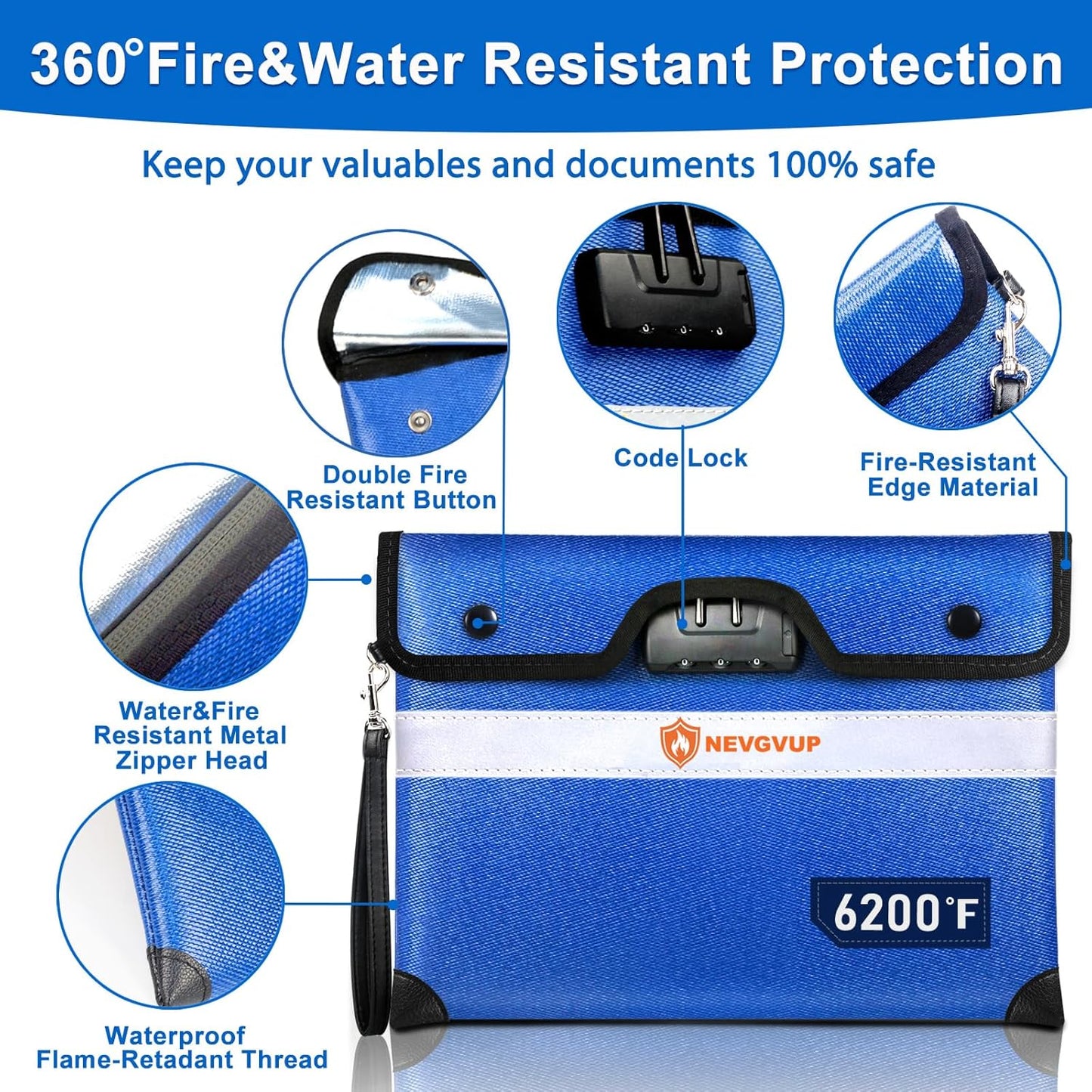 6200F Fireproof Money Bag with Lock, Upgraded A5 Document Bag w/ Zipper/Reflective Strip, 9 Layers Heat Insulated, Water Resistant