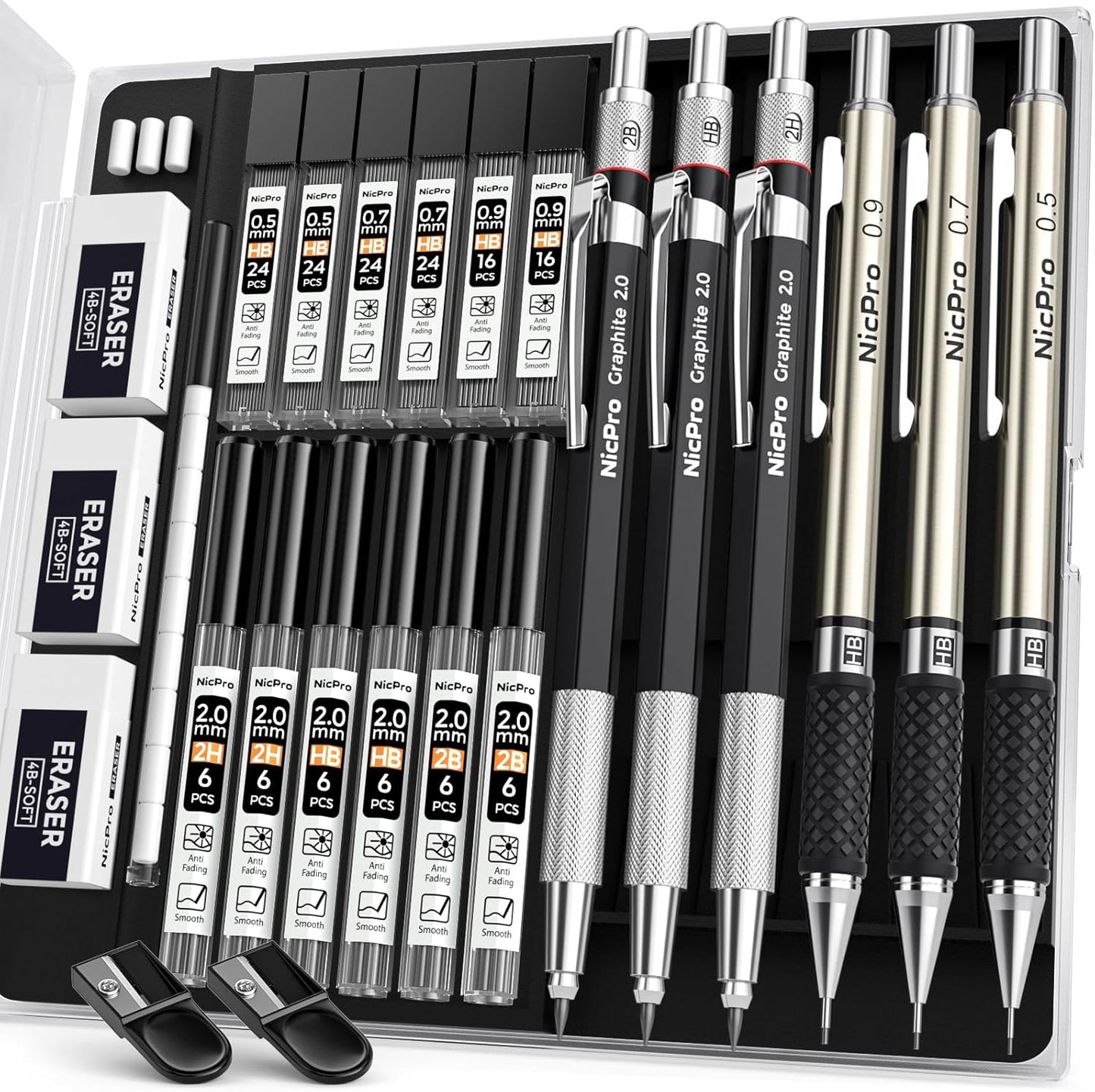 Nicpro 6PCS Art Mechanical Pencil Set, 3PCS Metal Drafting Pencil 0.5 mm & 0.7 mm & 0.9 mm & 3PCS 2mm Graphite Lead Holder (2B HB 2H) For Writing, Sketching Drawing With Lead Refills Case