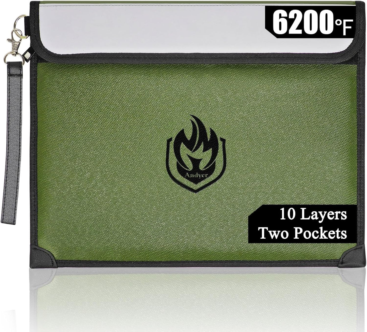 2 Pockets Fireproof Document Bag 6200°F, 10 Layers Waterproof Fireproof Money Bag for Cash with Reflective Strip, Heat Insulated Waterproof Document Holder Pouch, Fire Safe Storage, 14.7”x 11.2”