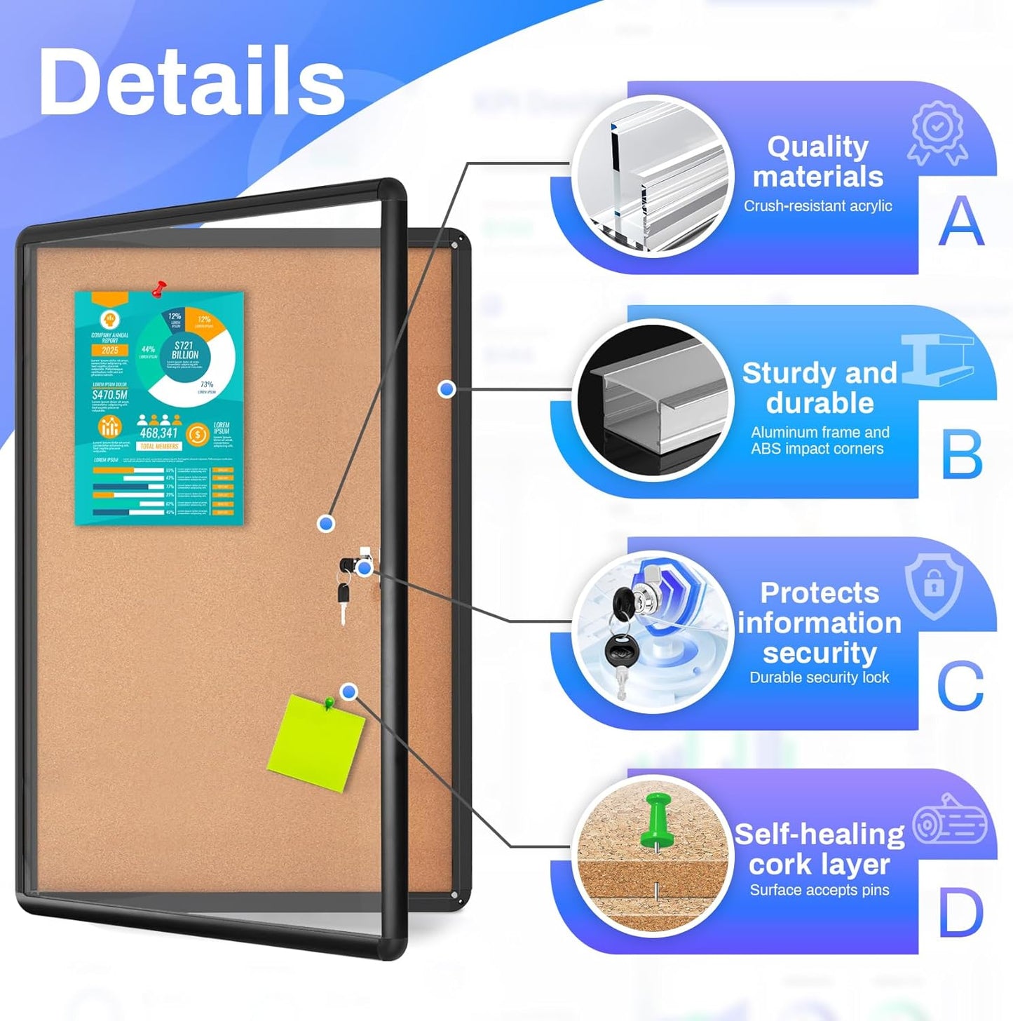 Magula 36"x24" Enclosed Cork Bulletin Board Tamper-Proof Dispaly Case, Black Aluminium Frame, Shatter Resistant Lockable Bulletin Board, Enclosed Cork Board for School, Office,Commercial,Hospital etc