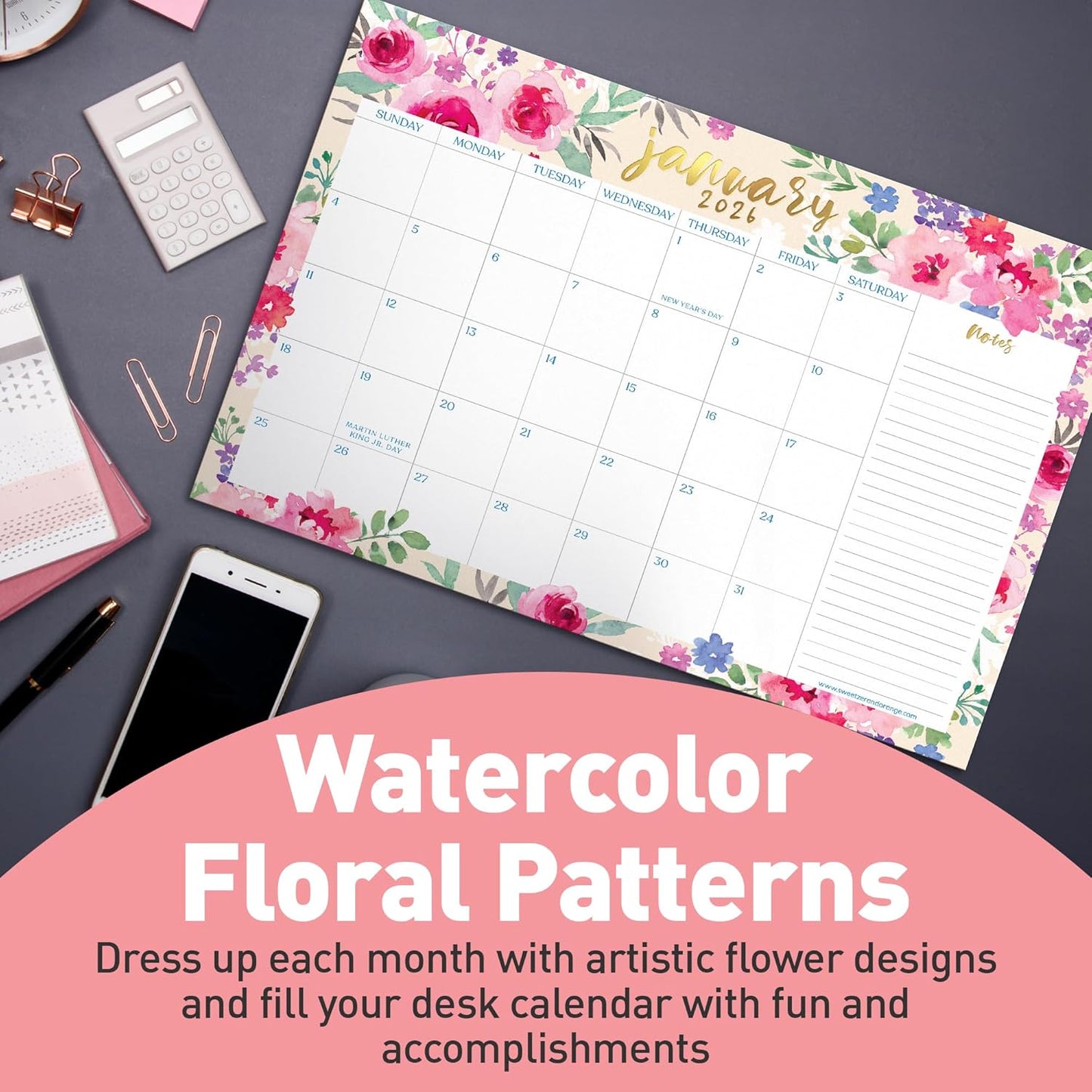 S&O Watercolor Floral Large Desk Calendar from July 2025 to Dec 2026 - Tear-Away Table Calendar 2025-2026 - Desktop Blotter - Academic Desk Planner - Desk Pad Large - 11x17in