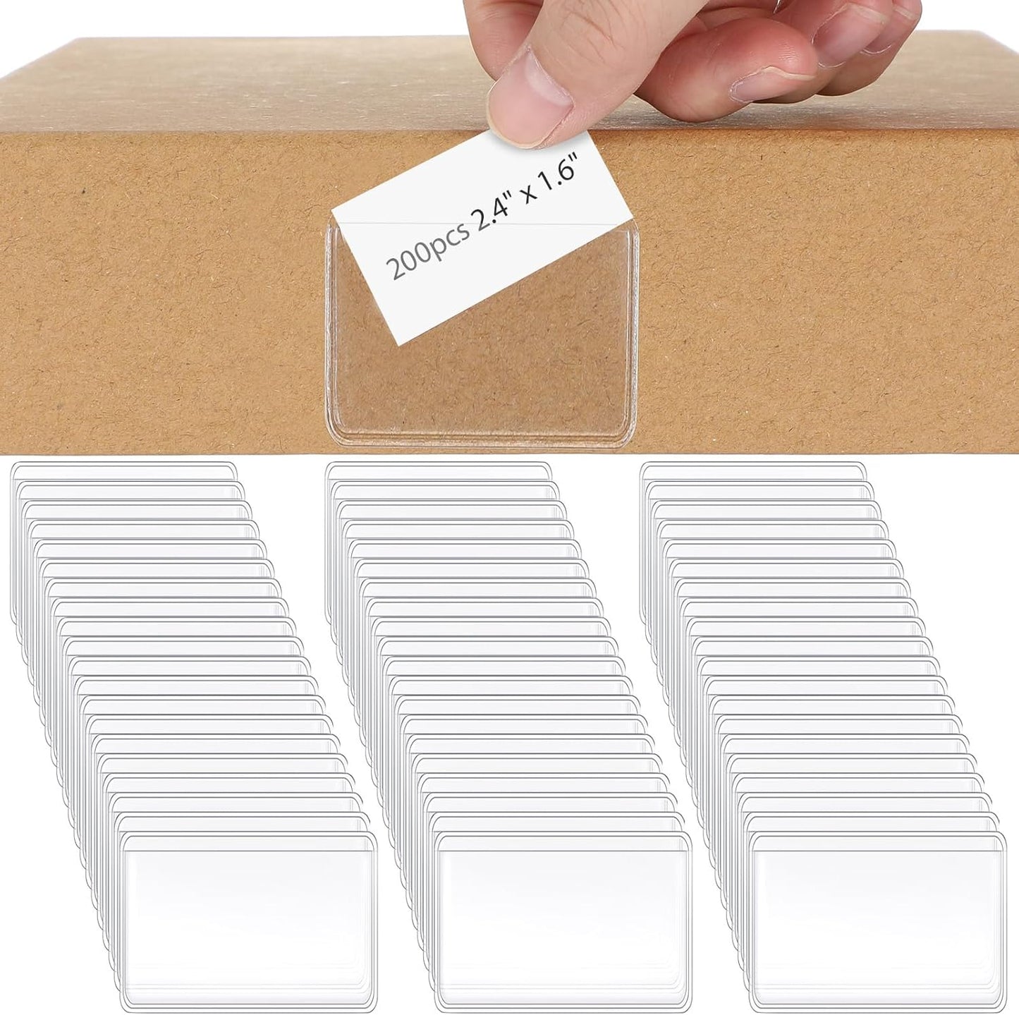 Jeyiour 200 Pcs Label Holders Adhesive Nameplate Pockets Storage Bin Labels Index Card Holder Shelf Plastic Peel Stick for Classroom Supermarket Bookshelf Library Student Box Drawer (2.4 x 1.6 Inch)