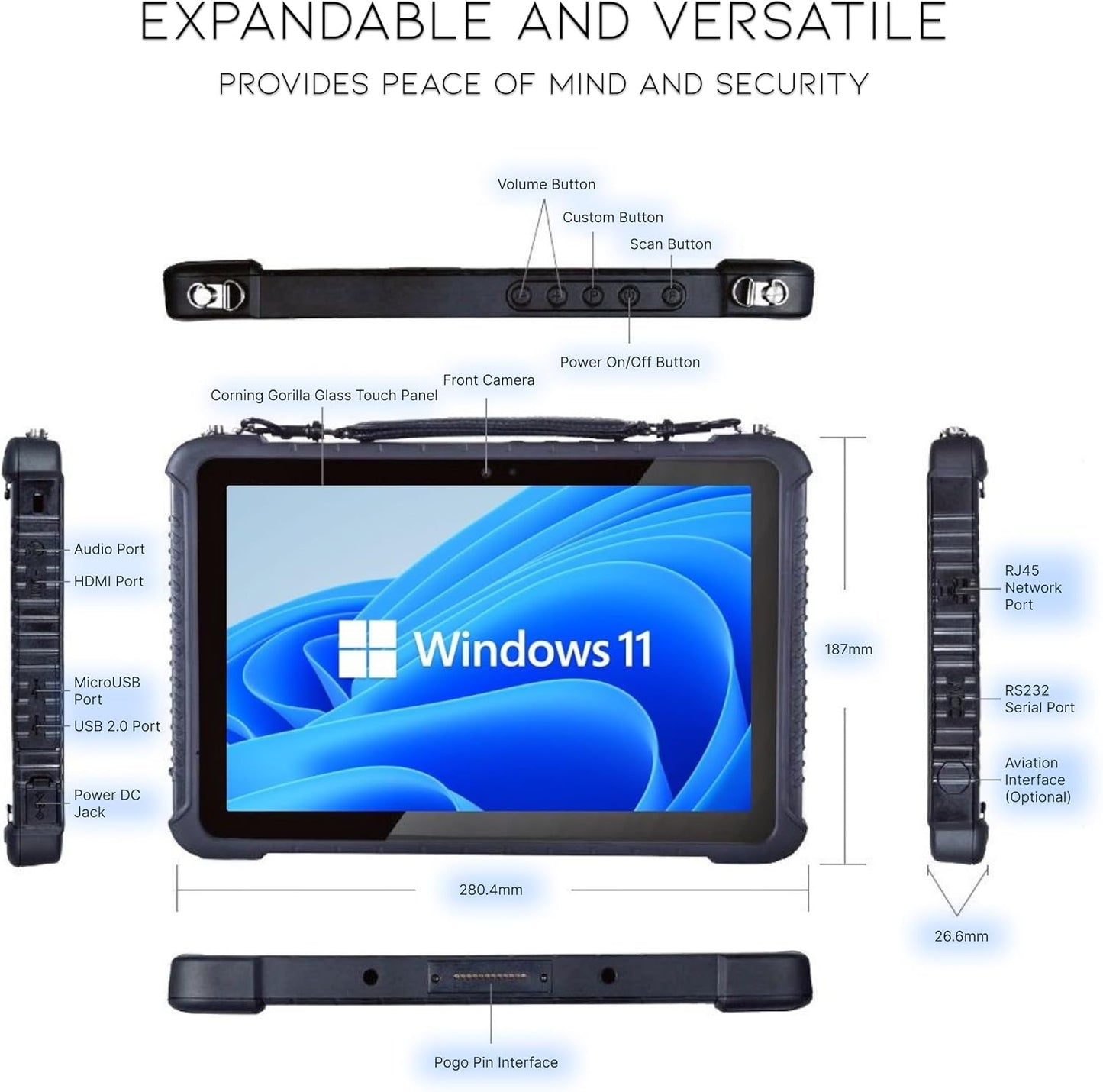 VRT11 Heavy Duty Windows 11 Pro Tablet, Built-in 2D/1D/QR Barcode Scanner, WiFi, Bluetooth, Camera, Serial/USB Ports, Fingerprint Reader, Indoor/Outdoor Industrial Design, All-Day Battery