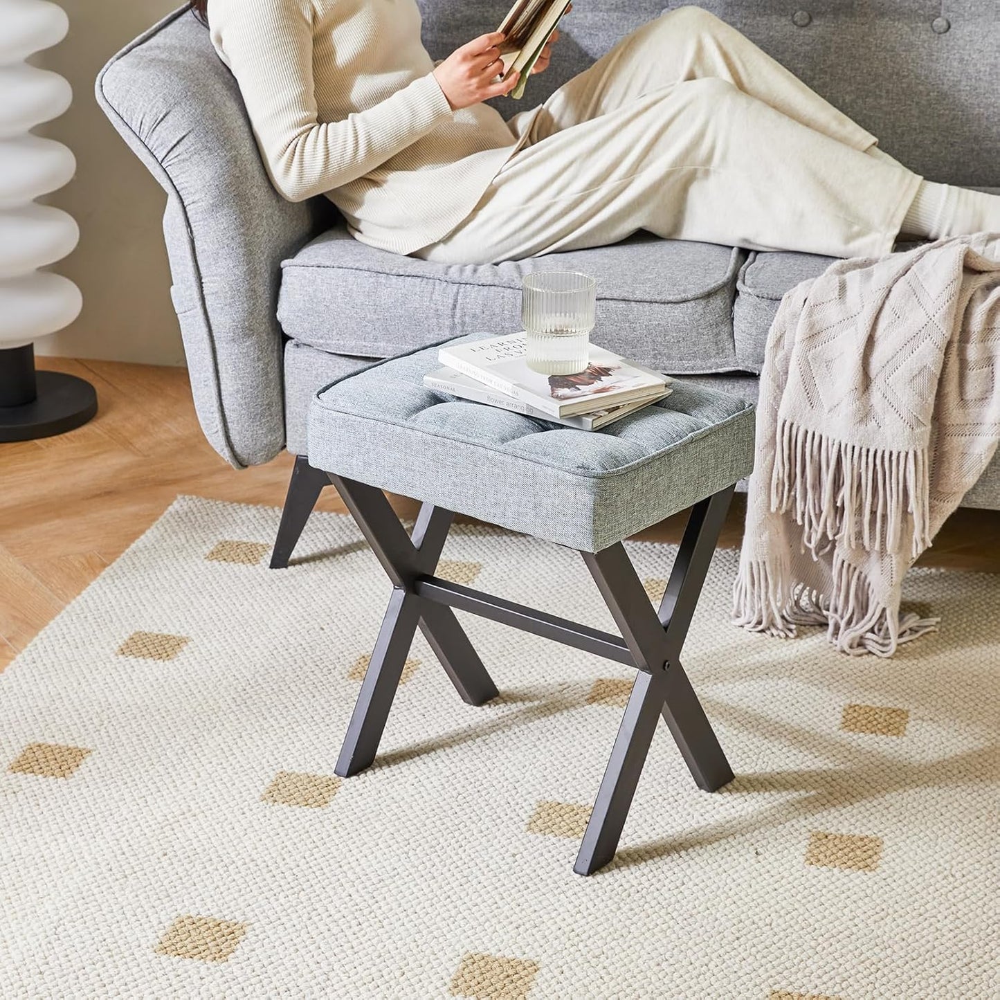 IBUYKE Square Makeup Stool with X-Leg Foot Rest, Linen Footrest, Ottoman Seat, Multi-Use as Small Side Table, for Bedroom, Living Room, Blue Gray LG-70L