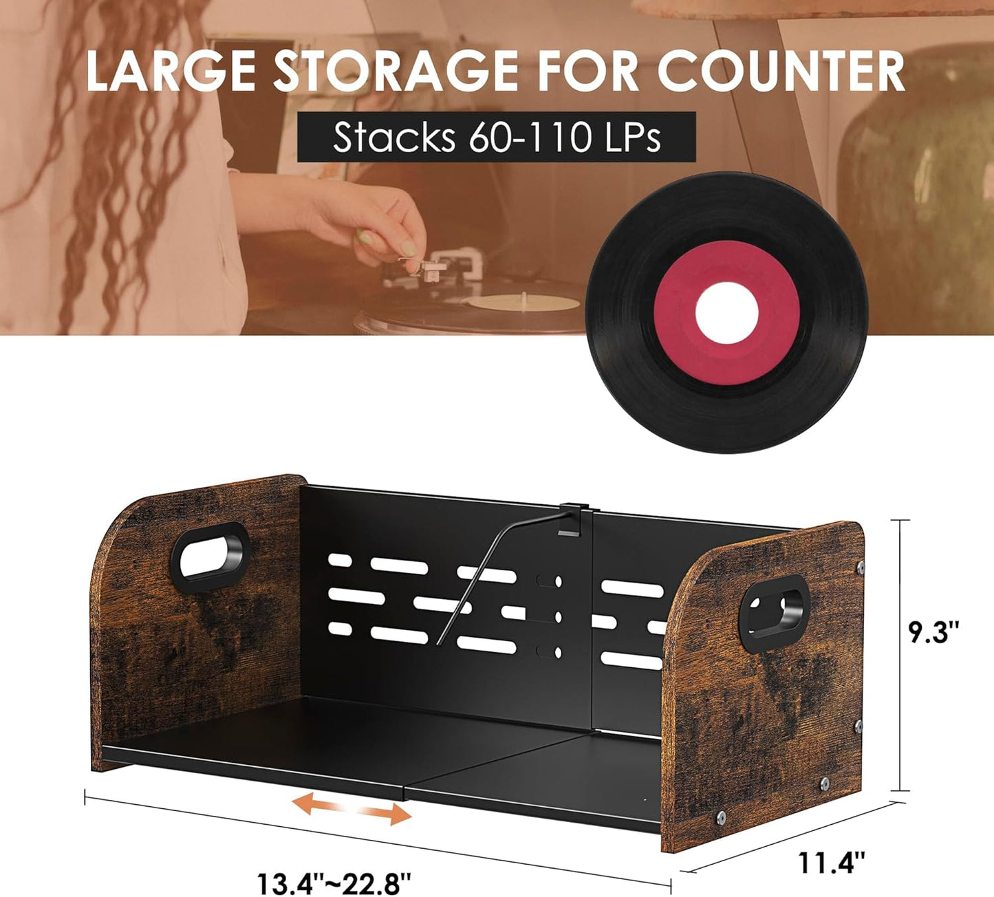 Vinyl Record Storage Holder, Expandable Record Holder Rack With Movable Divider, 110 LP Album Display Shelf Stand, Magazine Holder (Rustic Brown)