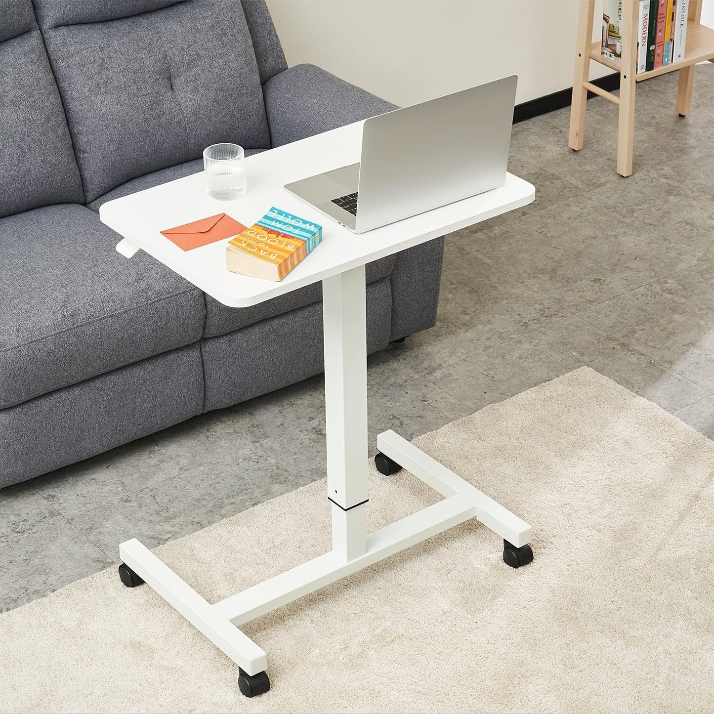 CLATINA Mobile Laptop Desk Pneumatic Sit to Stand Table Height Adjustable Rolling Cart with Lockable Wheels for Home Office Computer Workstation 28" x 19" White Round Edge Design Elegant