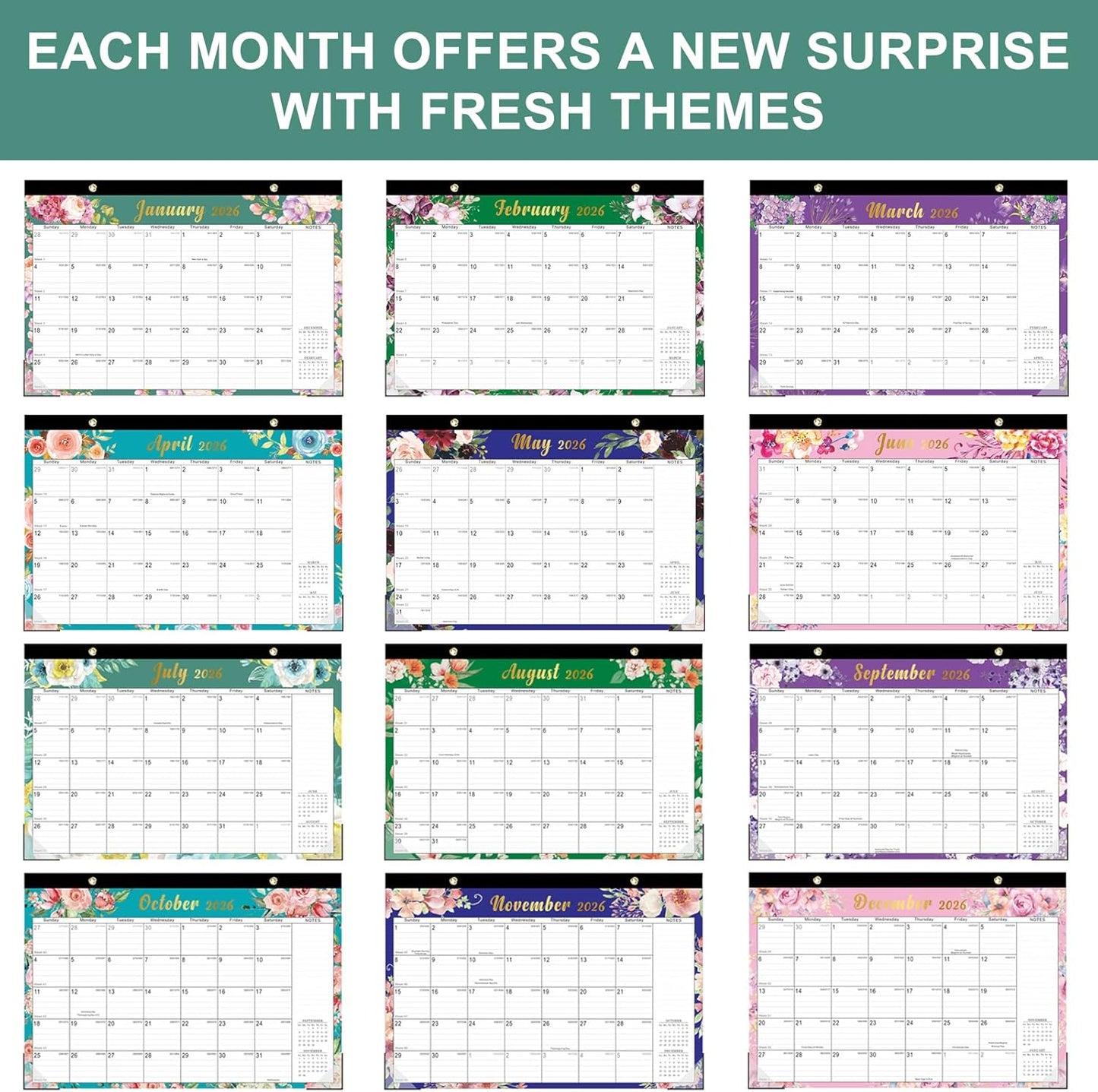 Lbylyhxc Desk Calendar 2026-2027, 18-Month School Year Calendar 2026-2027, January 2026 to June 2027, Large Desktop Calendar Monthly for Teacher with Corner Protectors 17" X 12" (Flowers Desk Calendar, 17x12 inches)