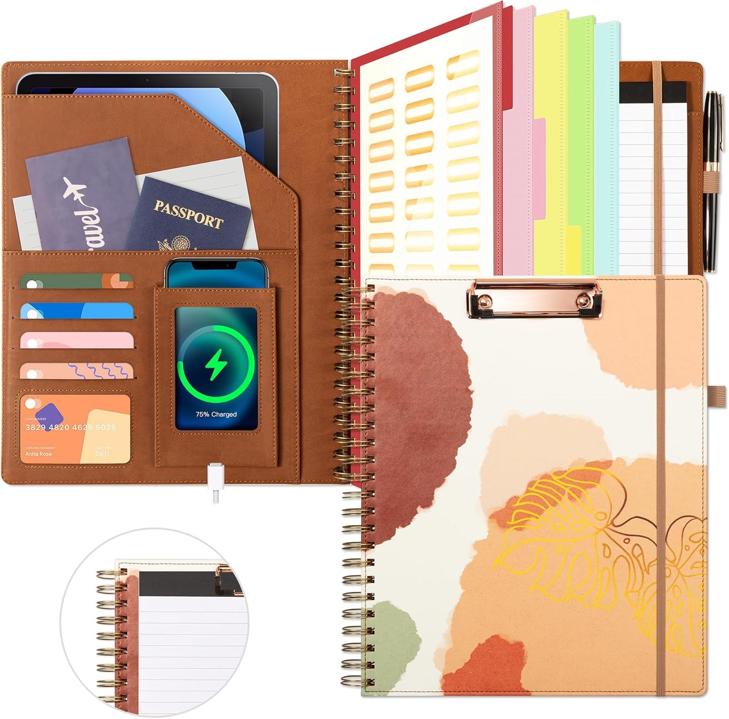 Clipboard with Storage for Men Women, Leather Padfolio Portfolio Organizer 5 Folders with 10 Pockets, Spiral Clipboard Folio with Notepad for Letter Size, Elastic Closure and Pen Loop Brown