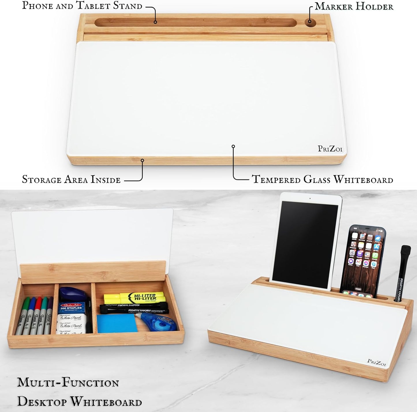 Bamboo Desktop Whiteboard with Storage - This Deskbuddy can be Used as a Desktop Dry Erase Board | Desk Buddy White Board | Bamboo Desk Organizer - PriZoi