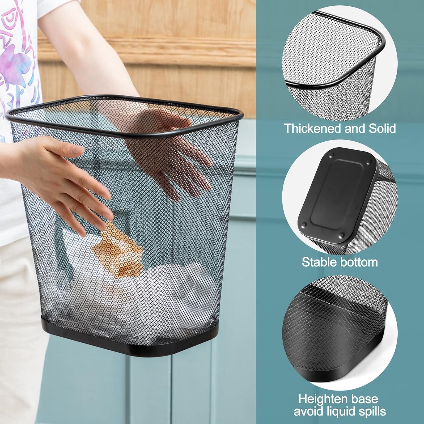 6 Pieces Mesh Square Trash Cans 4 Gallons Wire Wastebasket for Home Black Metal Office Garbage Cans Rectangular Open Top Trash Bin for Kitchen Bathroom Bedroom Dorm Room, 11.7 x 8.5 x 11.8 Inch