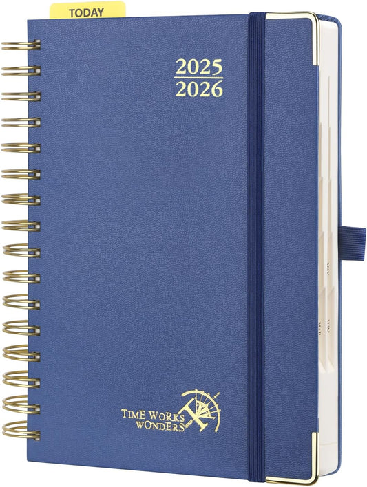 POPRUN Academic Daily Planner 2025-2026 One Page A Day - [5.75" x 8.5"- Spiral Hard Cover], Appointment Book (July 2025 - June 2026) with Monthly Calendar - Navy Blue